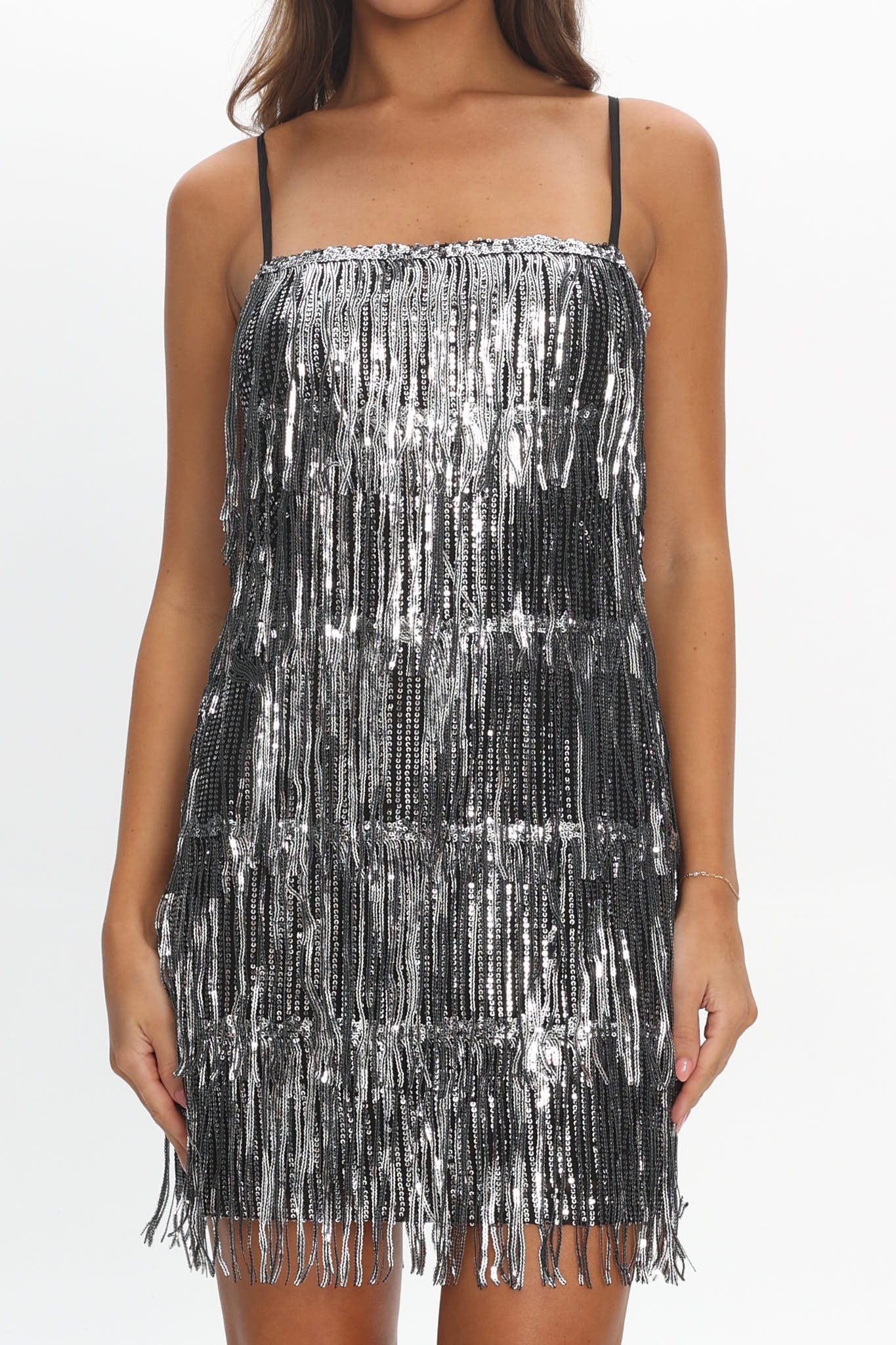 New York Nights Sequin Fringe Mini Dress Black