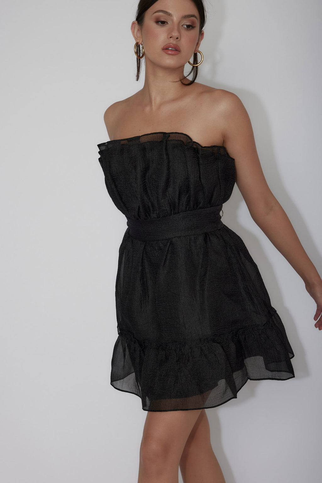 Marisela Strapless Frill Hem Mini Dress Black by Selfie Leslie
