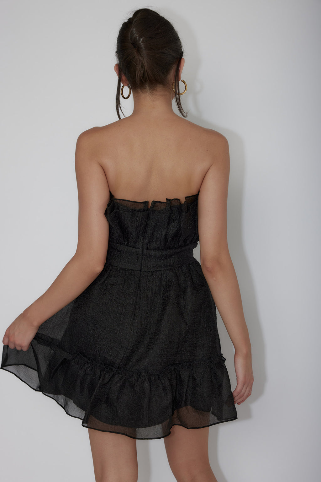 Marisela Strapless Frill Hem Mini Dress Black by Selfie Leslie