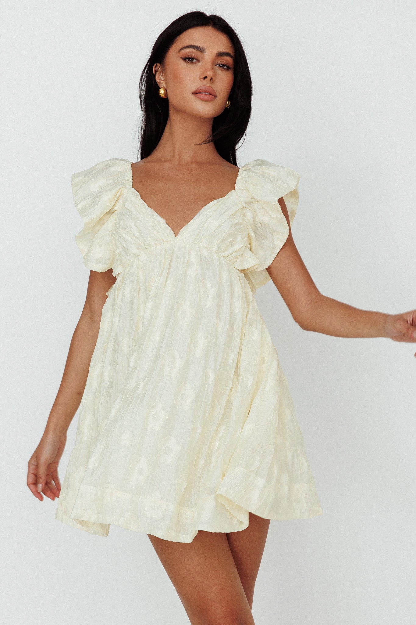 Melrose Place Floral Textured Frill Dress Lemon by Selfie Leslie