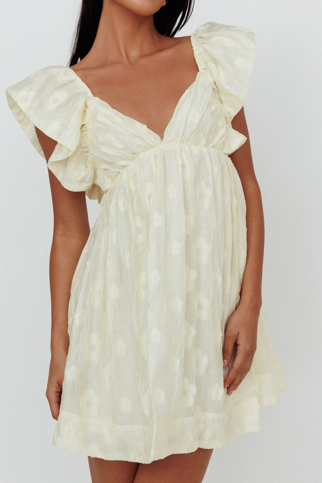 Melrose Place Floral Textured Frill Dress Lemon by Selfie Leslie