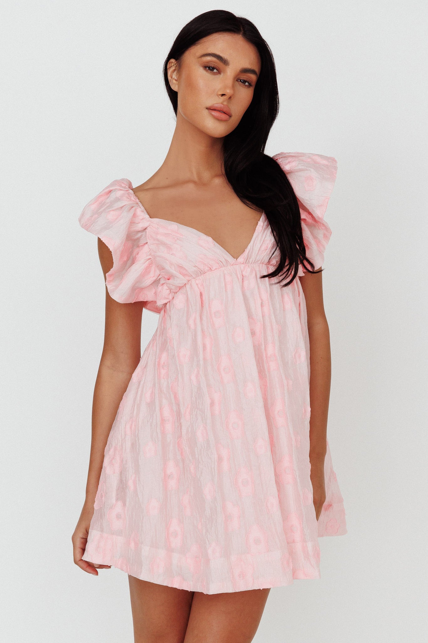 Melrose Place Floral Textured Frill Dress Pink by Selfie Leslie