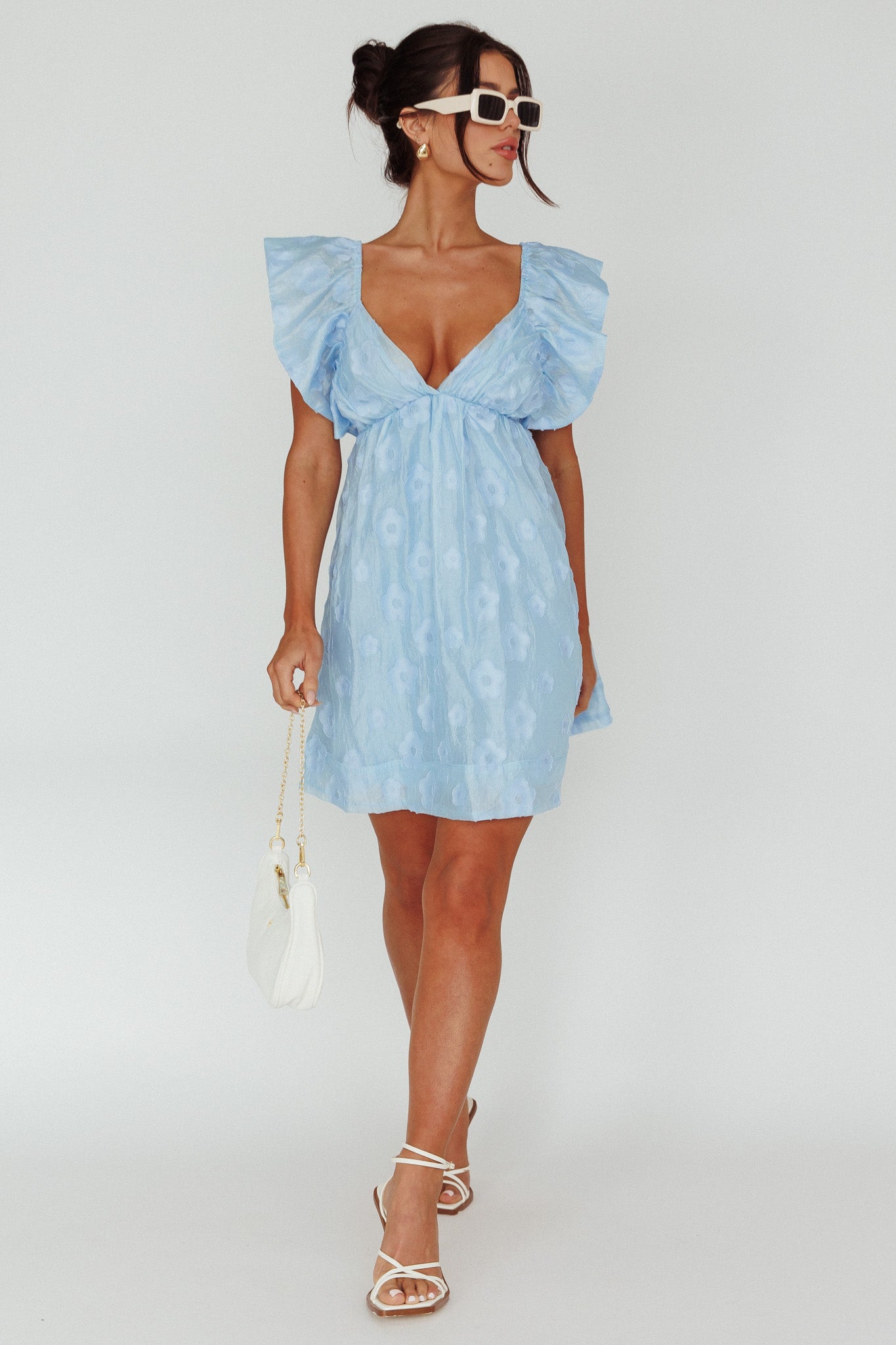 Melrose Place Floral Textured Frill Dress Powder Blue by Selfie Leslie