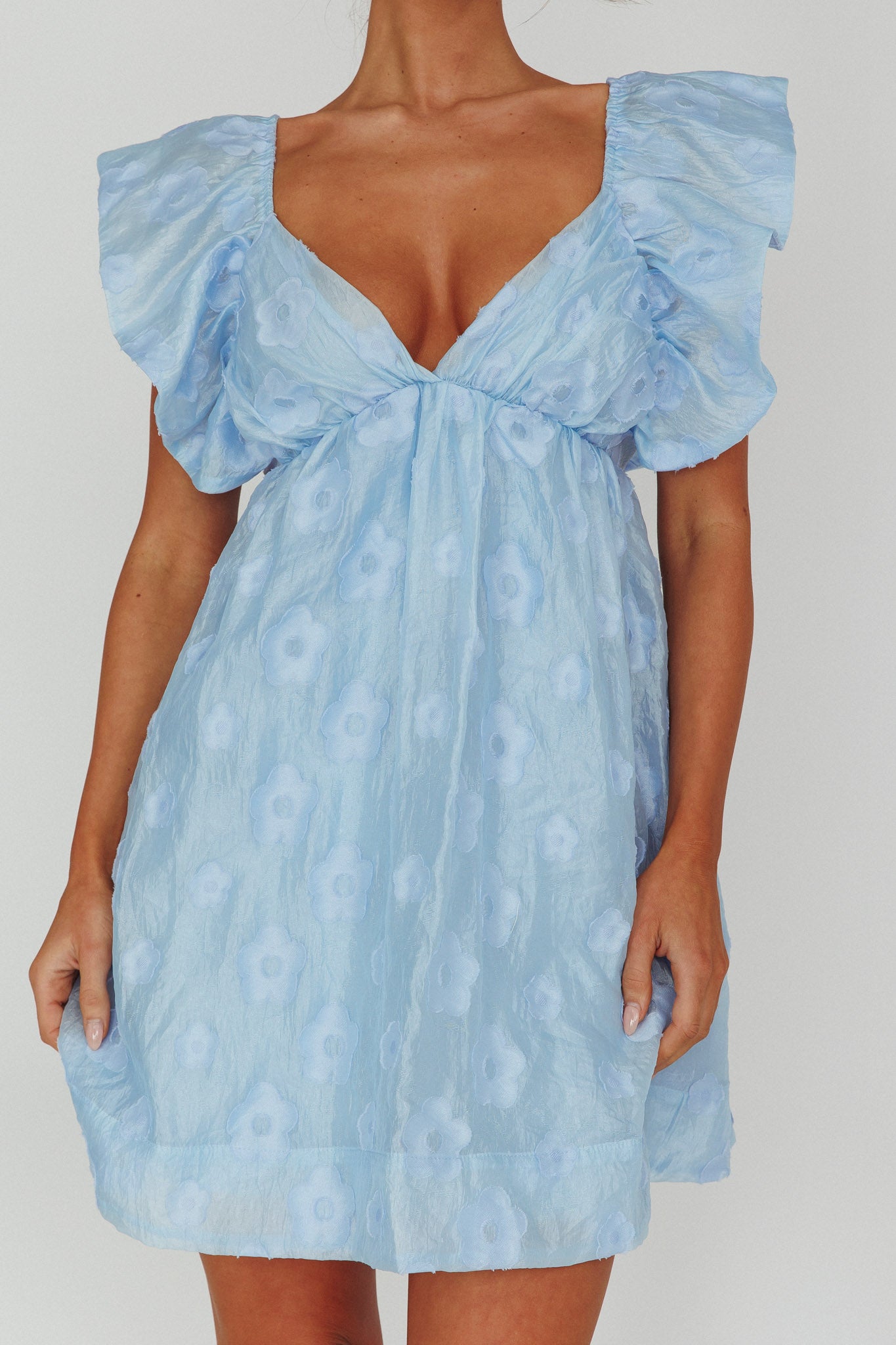 Melrose Place Floral Textured Frill Dress Powder Blue by Selfie Leslie
