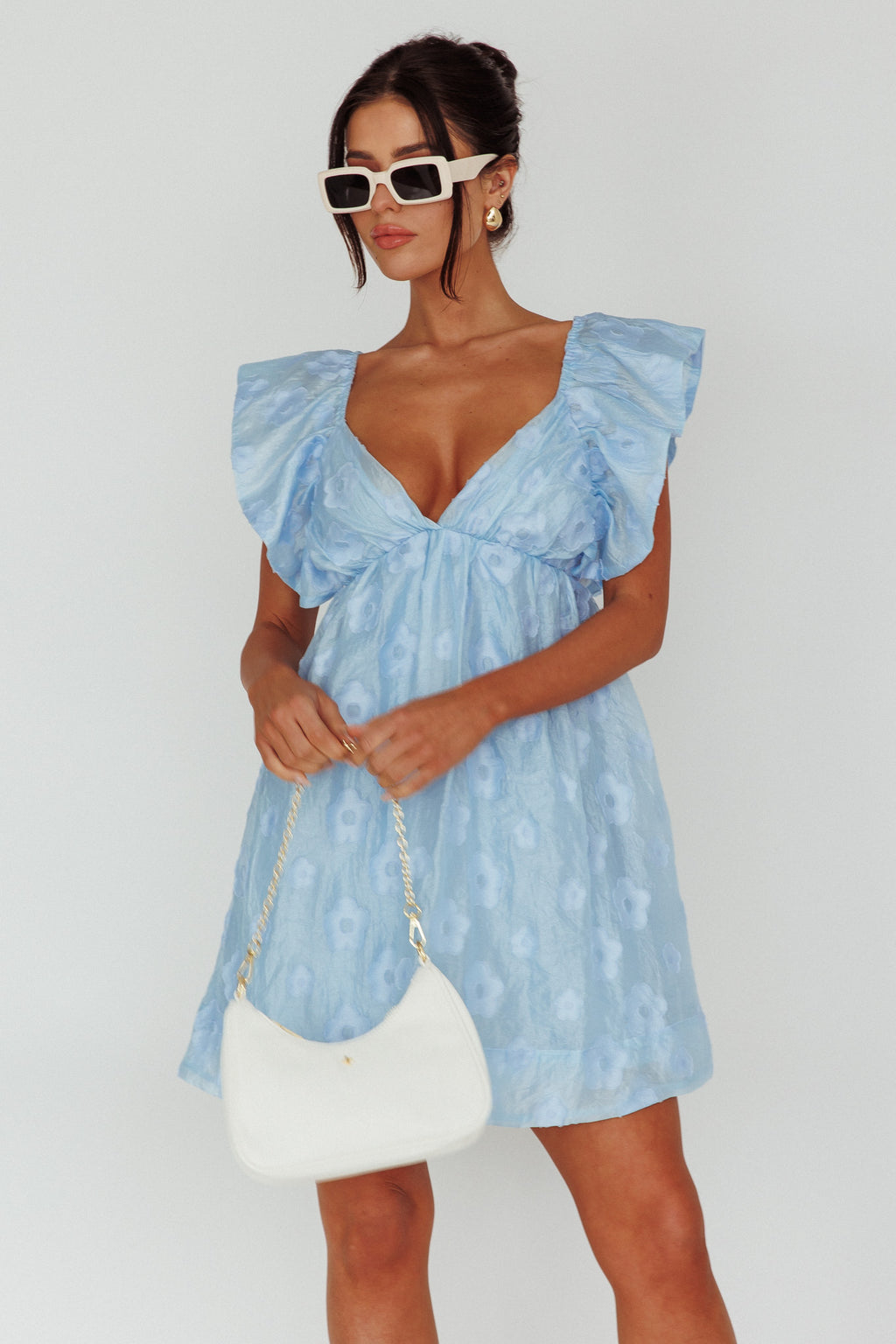 Melrose Place Floral Textured Frill Dress Powder Blue by Selfie Leslie