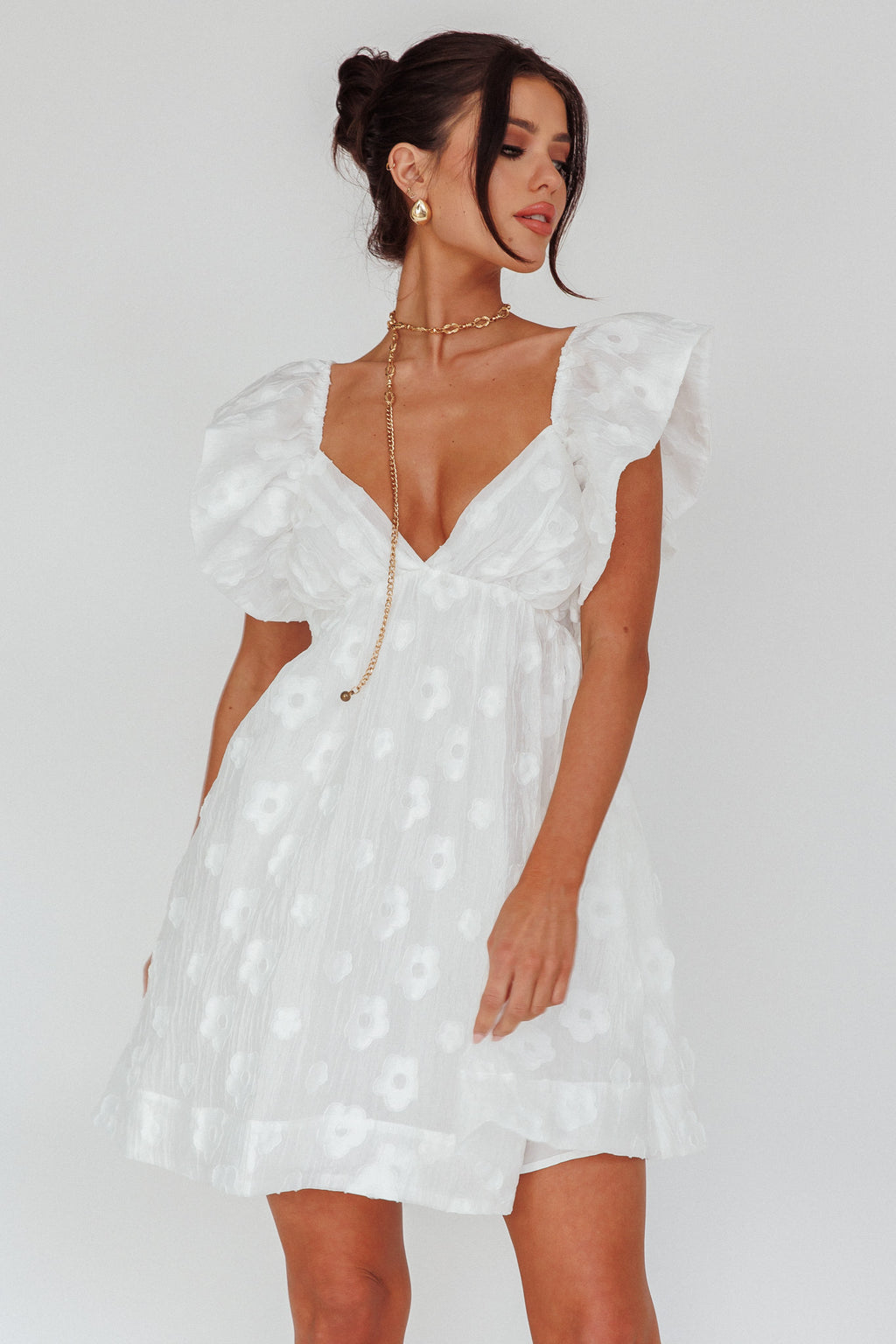 Melrose Place Floral Textured Frill Dress White by Selfie Leslie