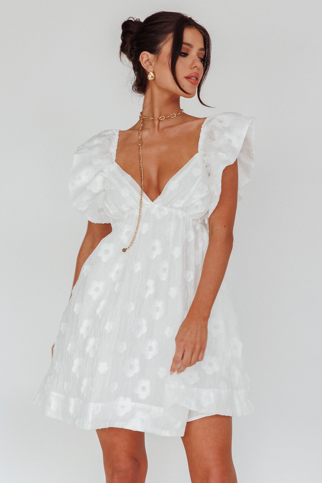 Melrose Place Floral Textured Frill Dress White by Selfie Leslie