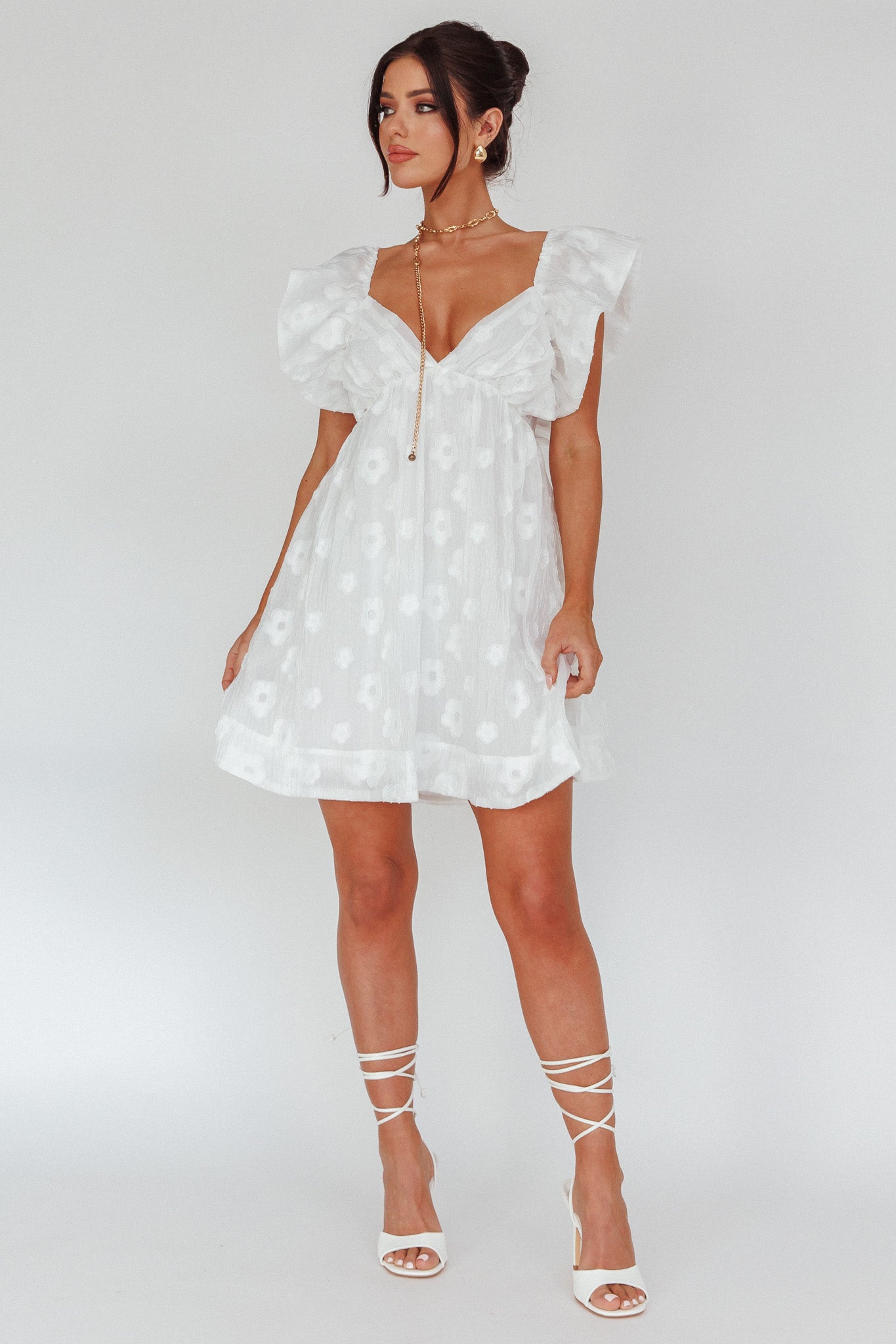 Melrose Place Floral Textured Frill Dress White by Selfie Leslie
