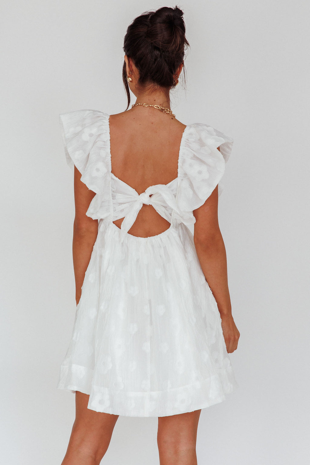 Melrose Place Floral Textured Frill Dress White by Selfie Leslie