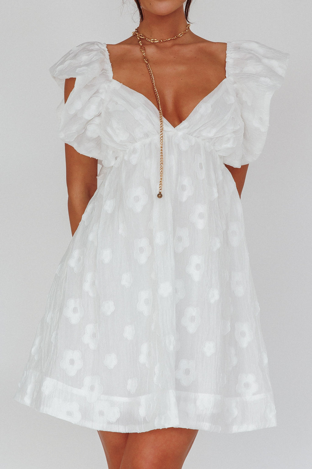 Melrose Place Floral Textured Frill Dress White by Selfie Leslie