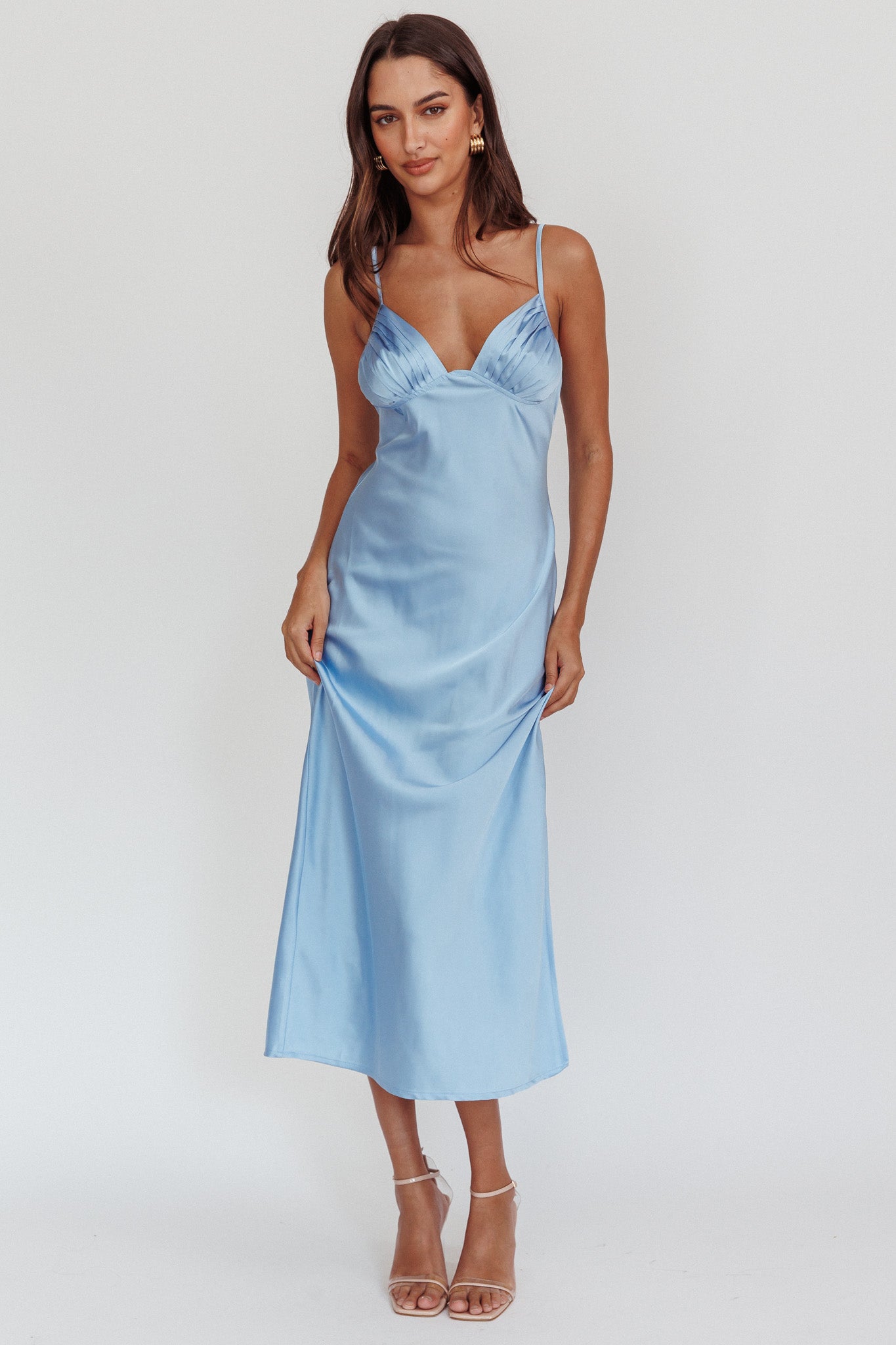 Felicity Pleat Bust Split Midi Dress Blue by Selfie Leslie