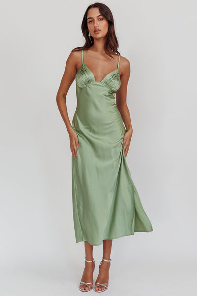 sage green satin ruched cup strappy midi dress Felicity Pleat Bust Split Drsassi