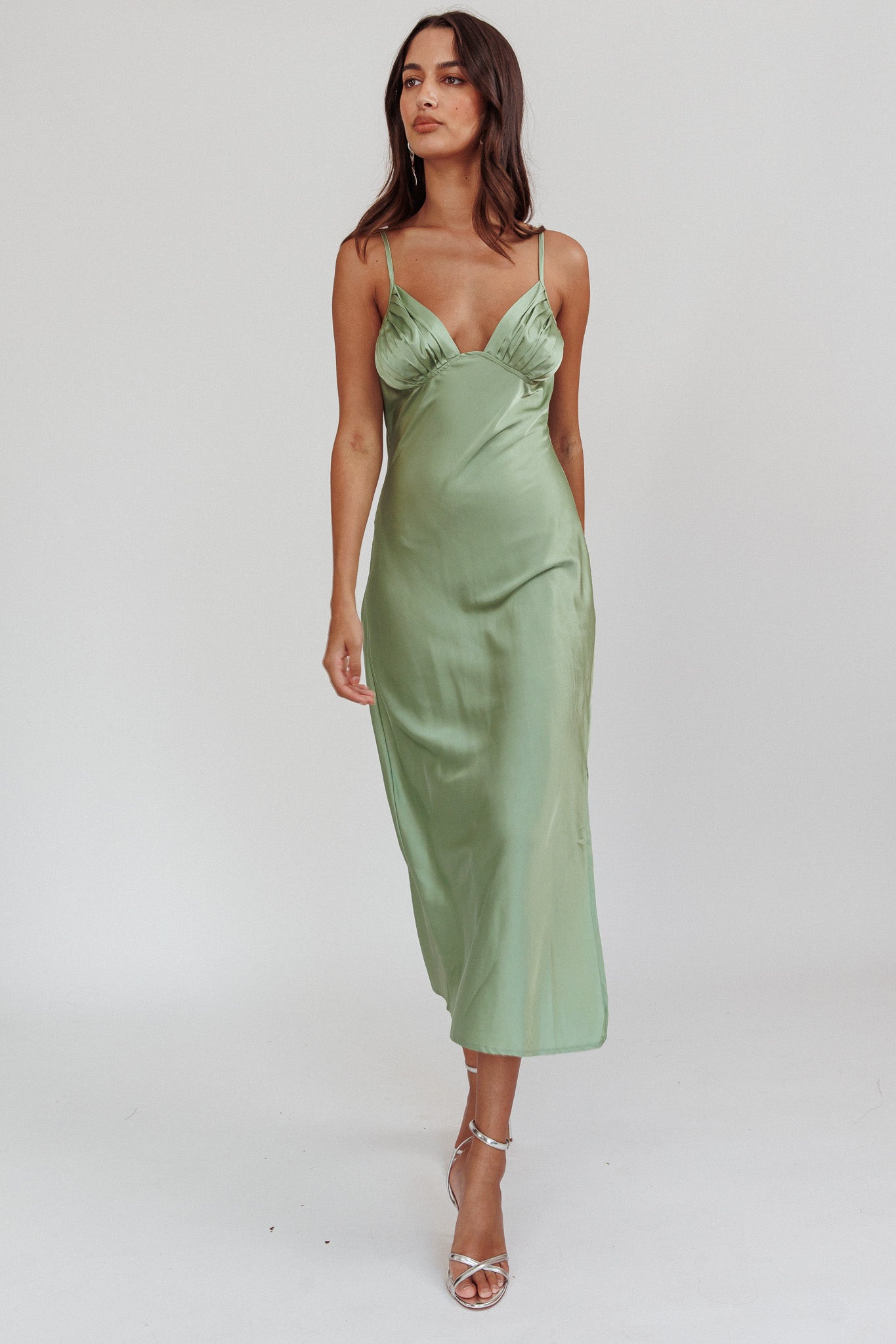 Felicity Pleat Bust Split Midi Dress Sage Felicity Pleat Bust Split Midi Dress Sage