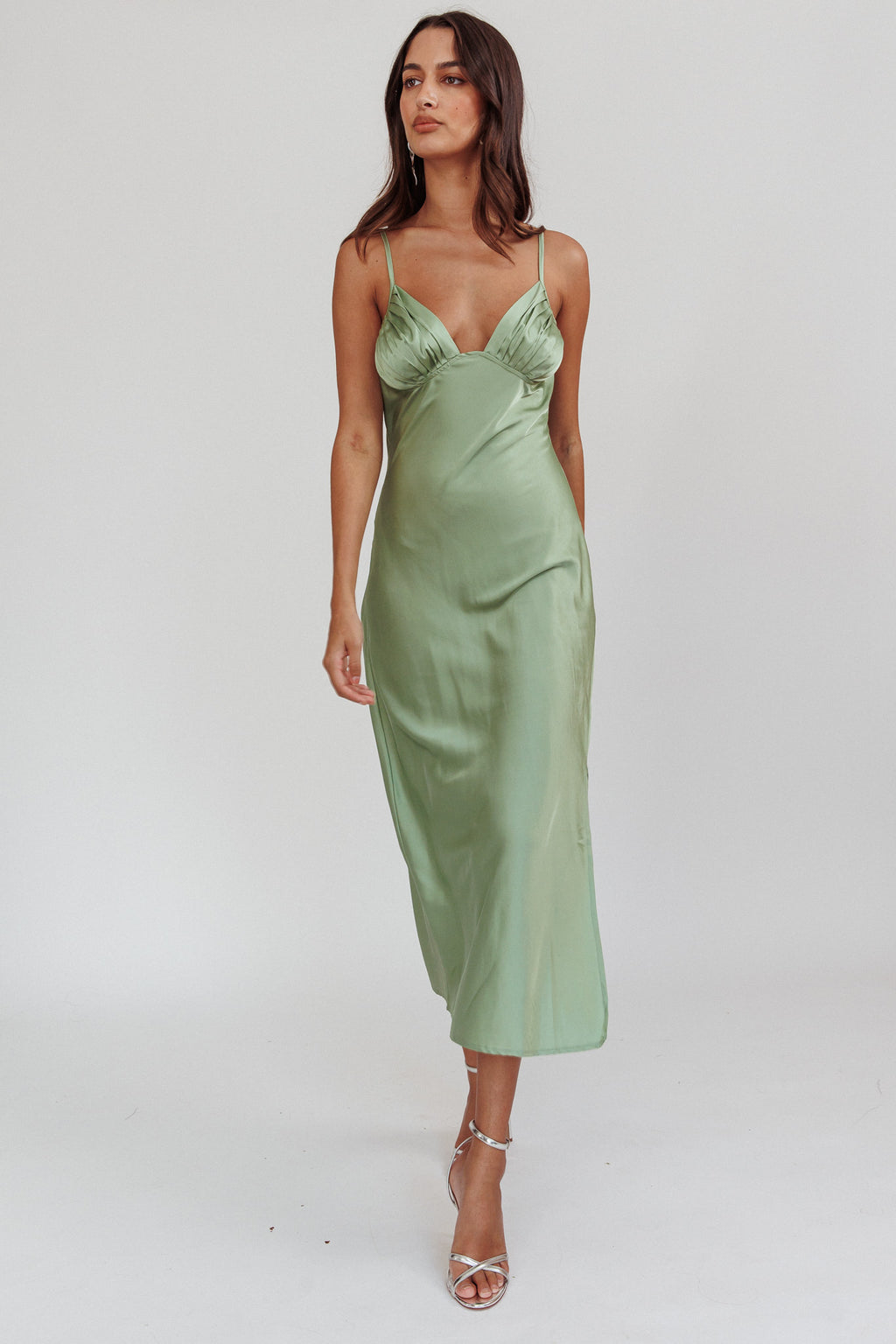 Felicity Pleat Bust Split Midi Dress Sage by Selfie Leslie