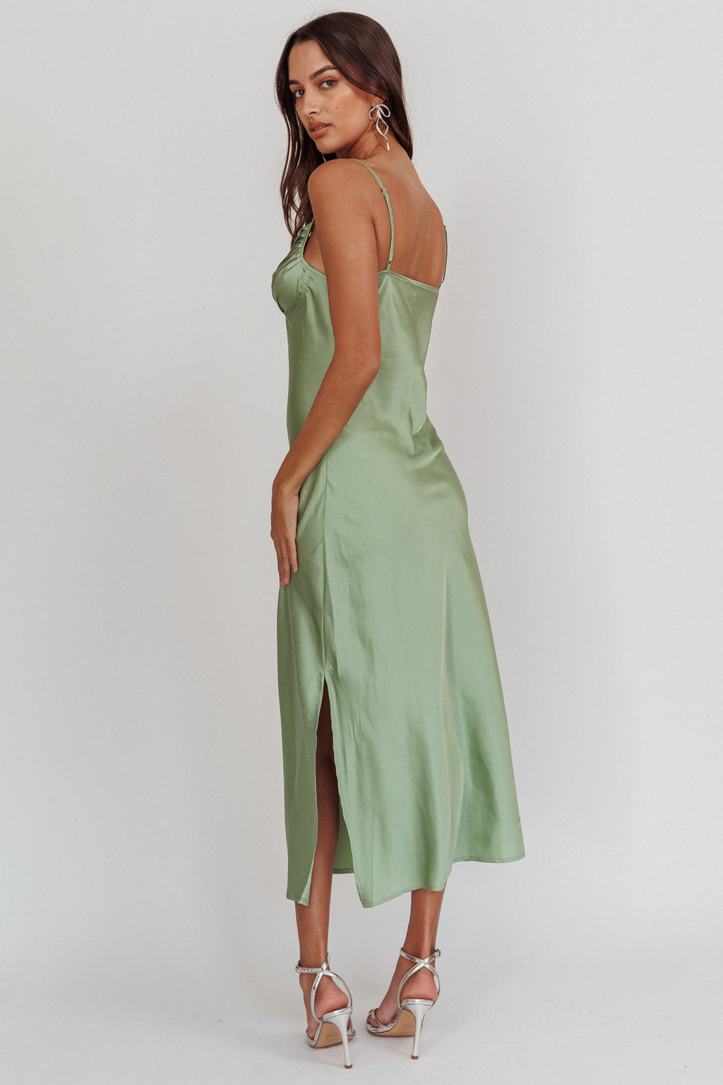 Felicity Pleat Bust Split Midi Dress Sage by Selfie Leslie