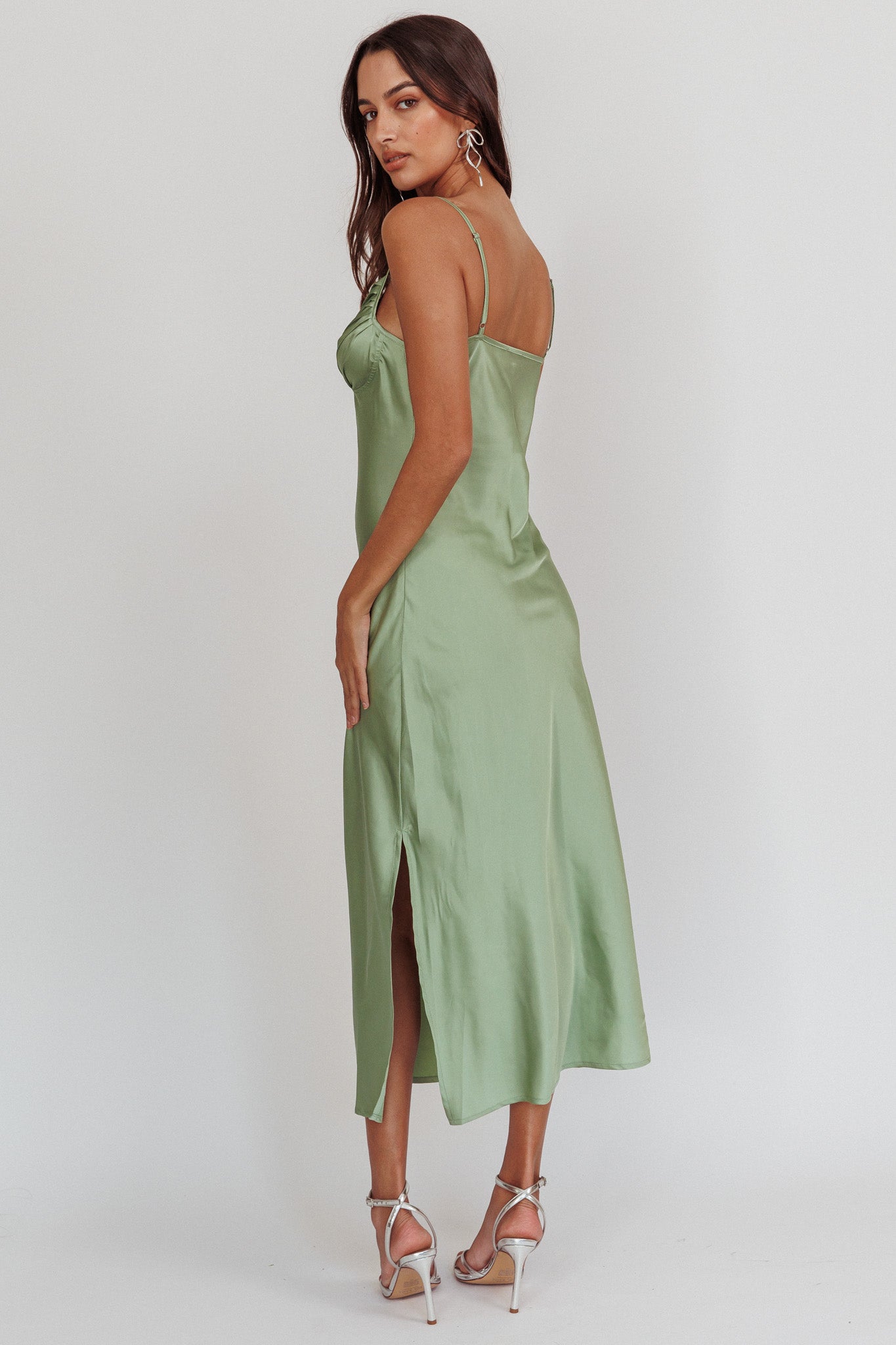 Felicity Pleat Bust Split Midi Dress Sage by Selfie Leslie