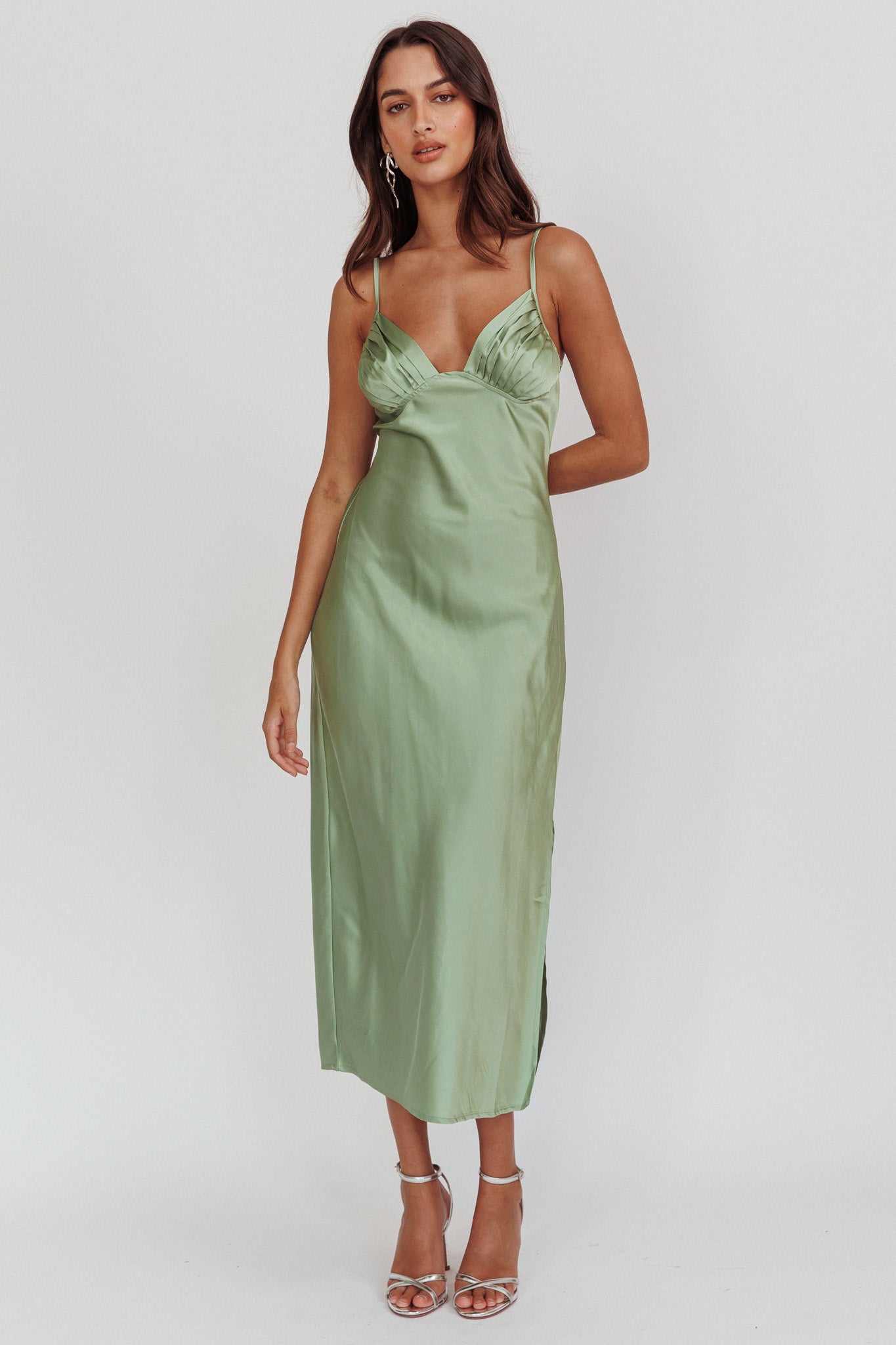 Felicity Pleat Bust Split Midi Dress Sage by Selfie Leslie