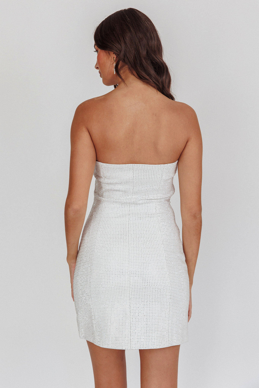 This Feeling Strapless Diamante Mini Dress White by Selfie Leslie