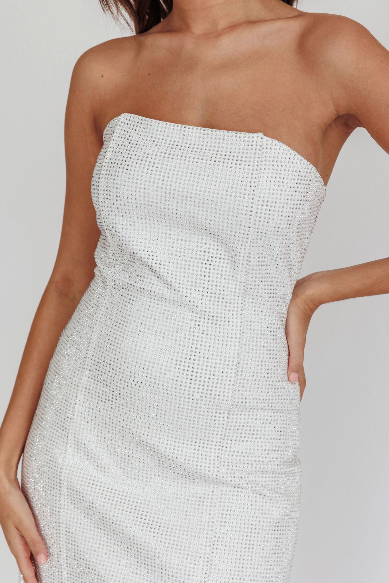 This Feeling Strapless Diamante Mini Dress White by Selfie Leslie