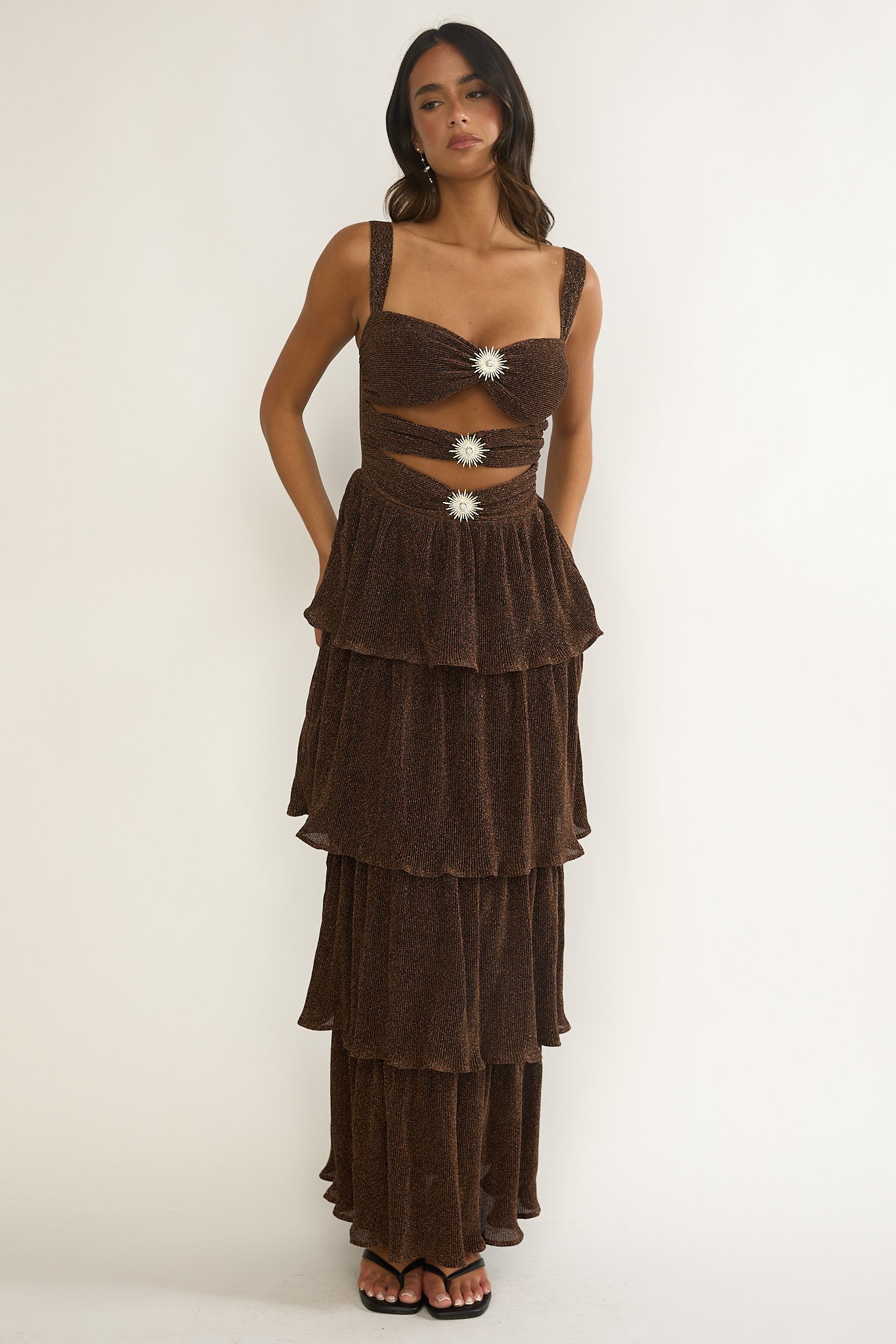 Ceylon Cut-Out Bodice Layered Maxi Dress Bronze | Selfie Leslie