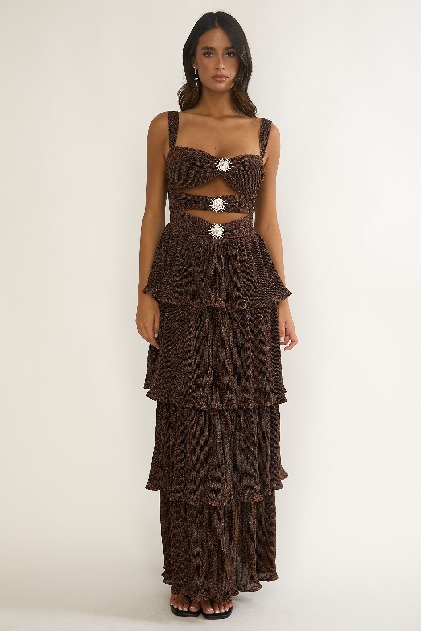 Ceylon Cut-Out Bodice Layered Maxi Dress Bronze by Selfie Leslie