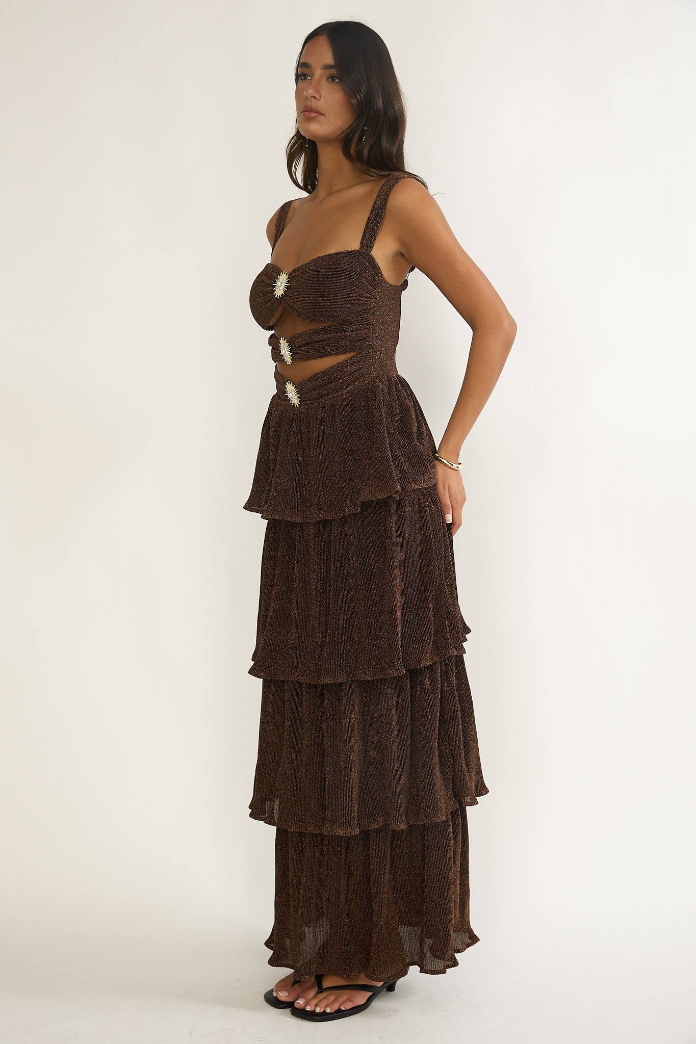 layer cut dress Cut out Strapless Maxi with Cascading Ruffles