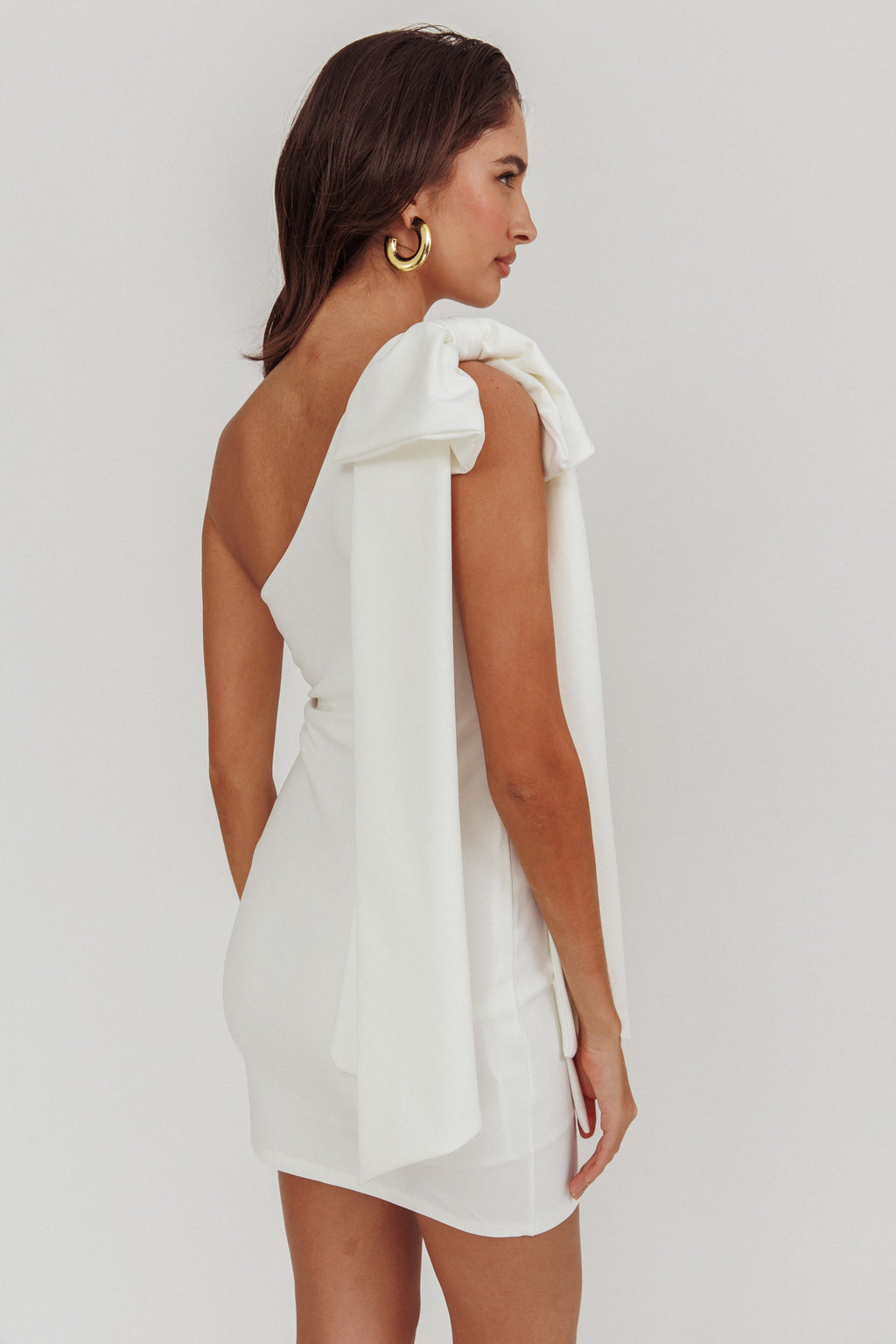 Earned It One Shoulder Bow Mini Dress Ivory by Selfie Leslie
