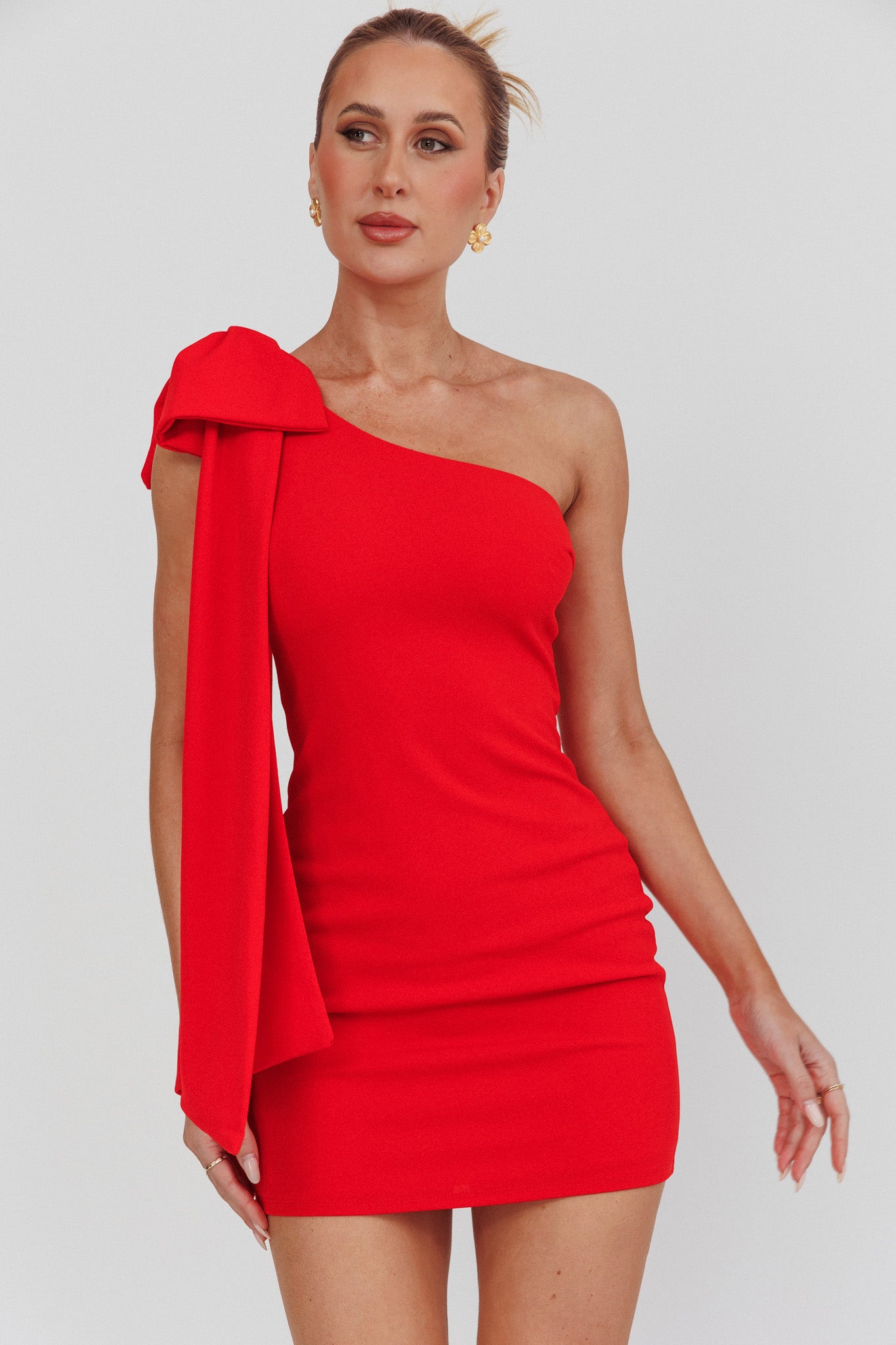 Earned It One Shoulder Bow Mini Dress Red by Selfie Leslie