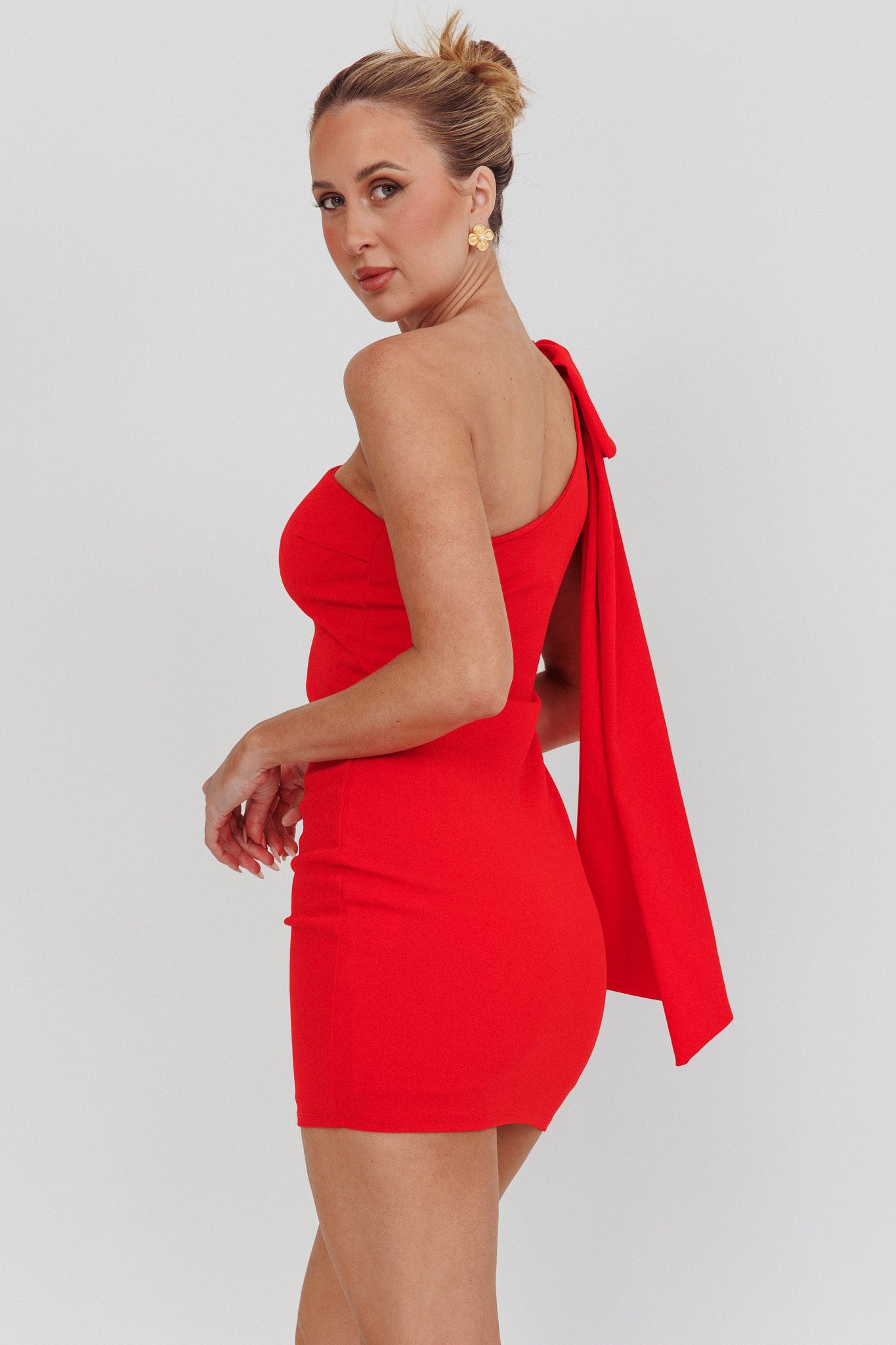 red one shoulder bow dress Earned It One Shoulder Bow Mini Dress Red