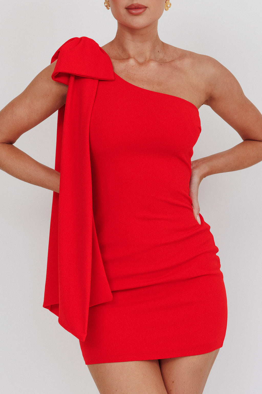 Earned It One Shoulder Bow Mini Dress Red by Selfie Leslie
