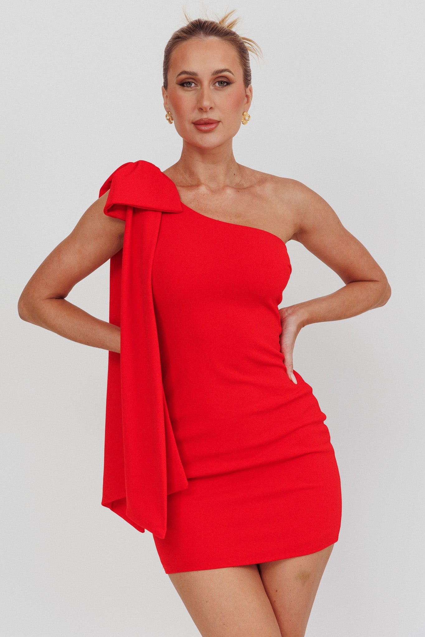 off shoulder bow mini dress red Clothing: Mini Dresses: 'Salome' Holly Red Satin Mini Bow Dress