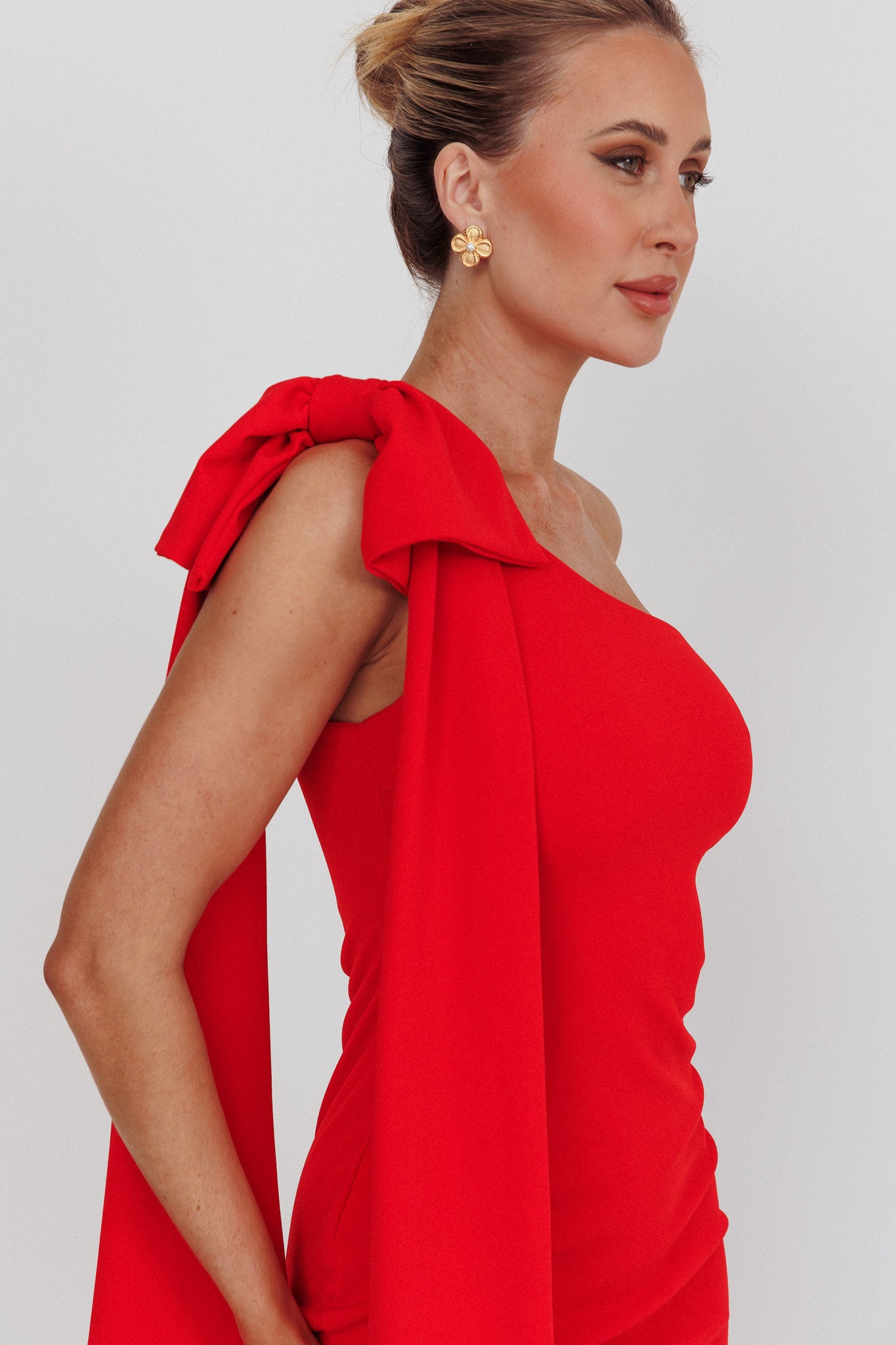Earned It One Shoulder Bow Mini Dress Red Earned It One Shoulder Bow Mini Dress Red