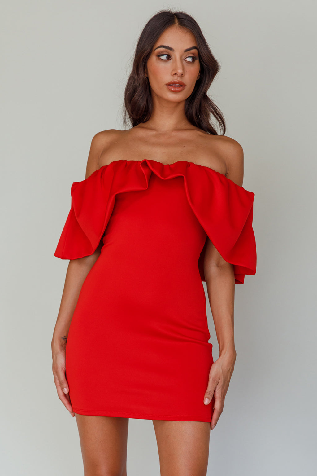 So Dramatic Off-Shoulder Mini Dress Tangerine by Selfie Leslie