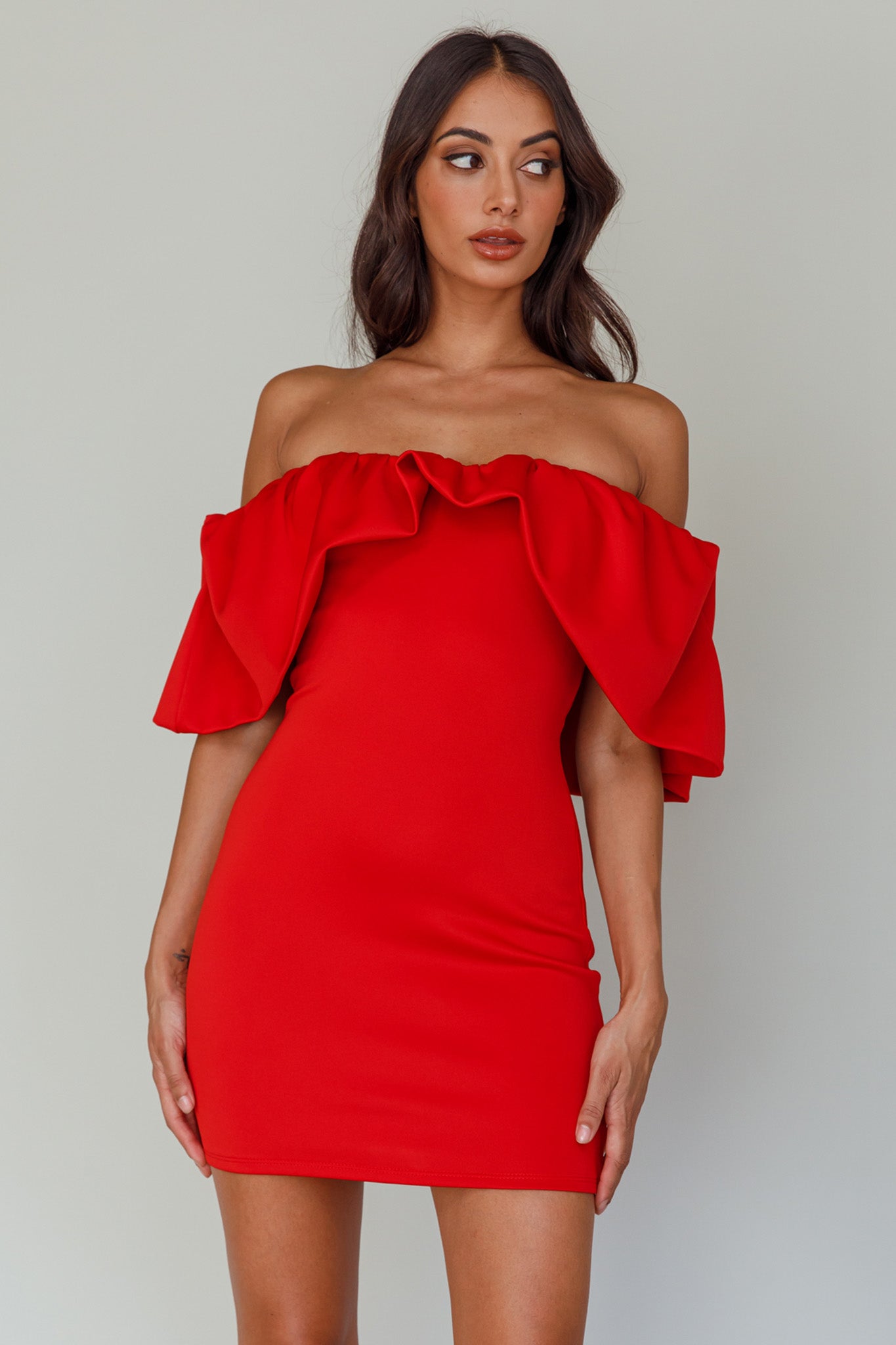 So Dramatic Off-Shoulder Mini Dress Tangerine by Selfie Leslie