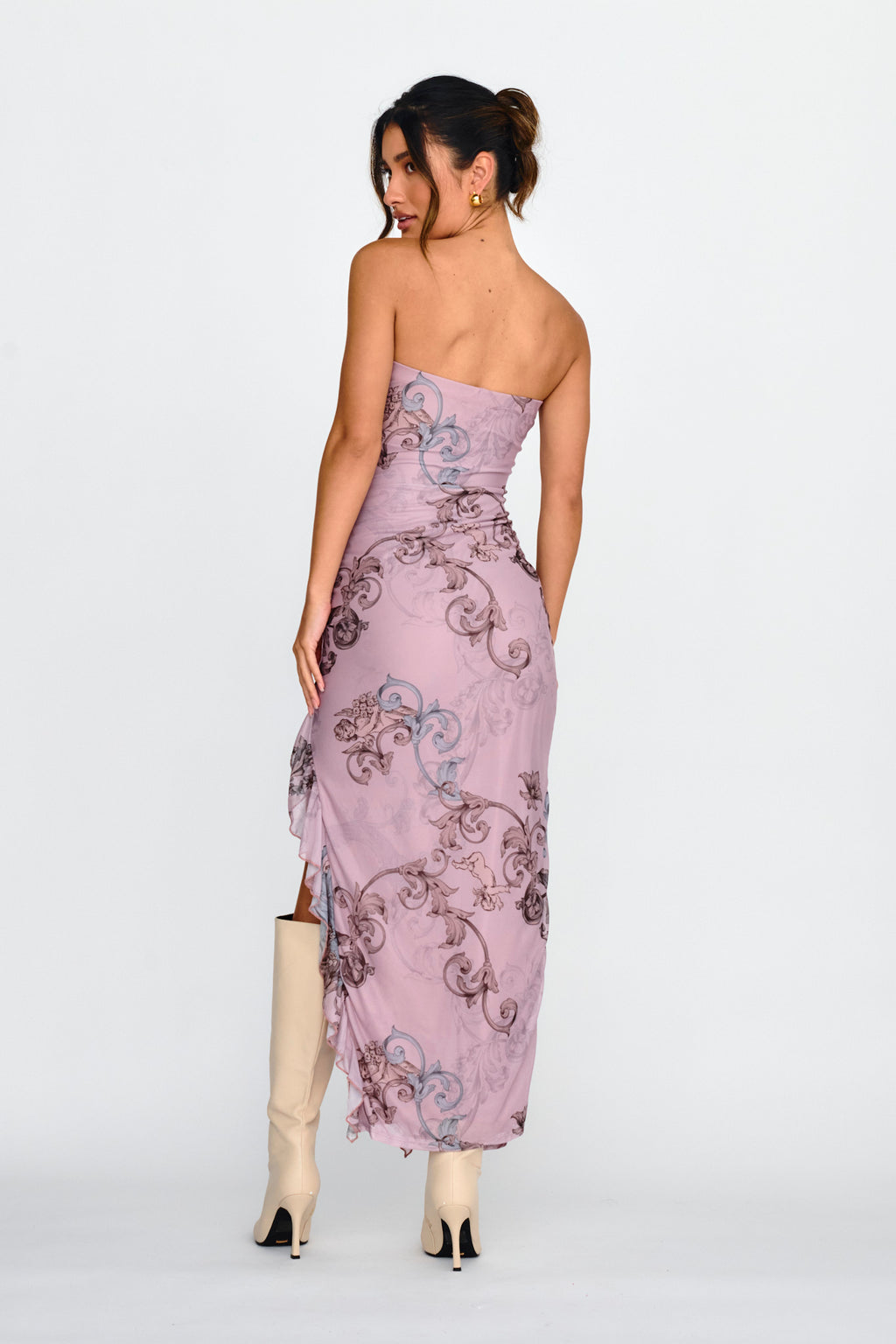 Shelby Strapless Ruffle Split Midi Dress Mauve by Selfie Leslie