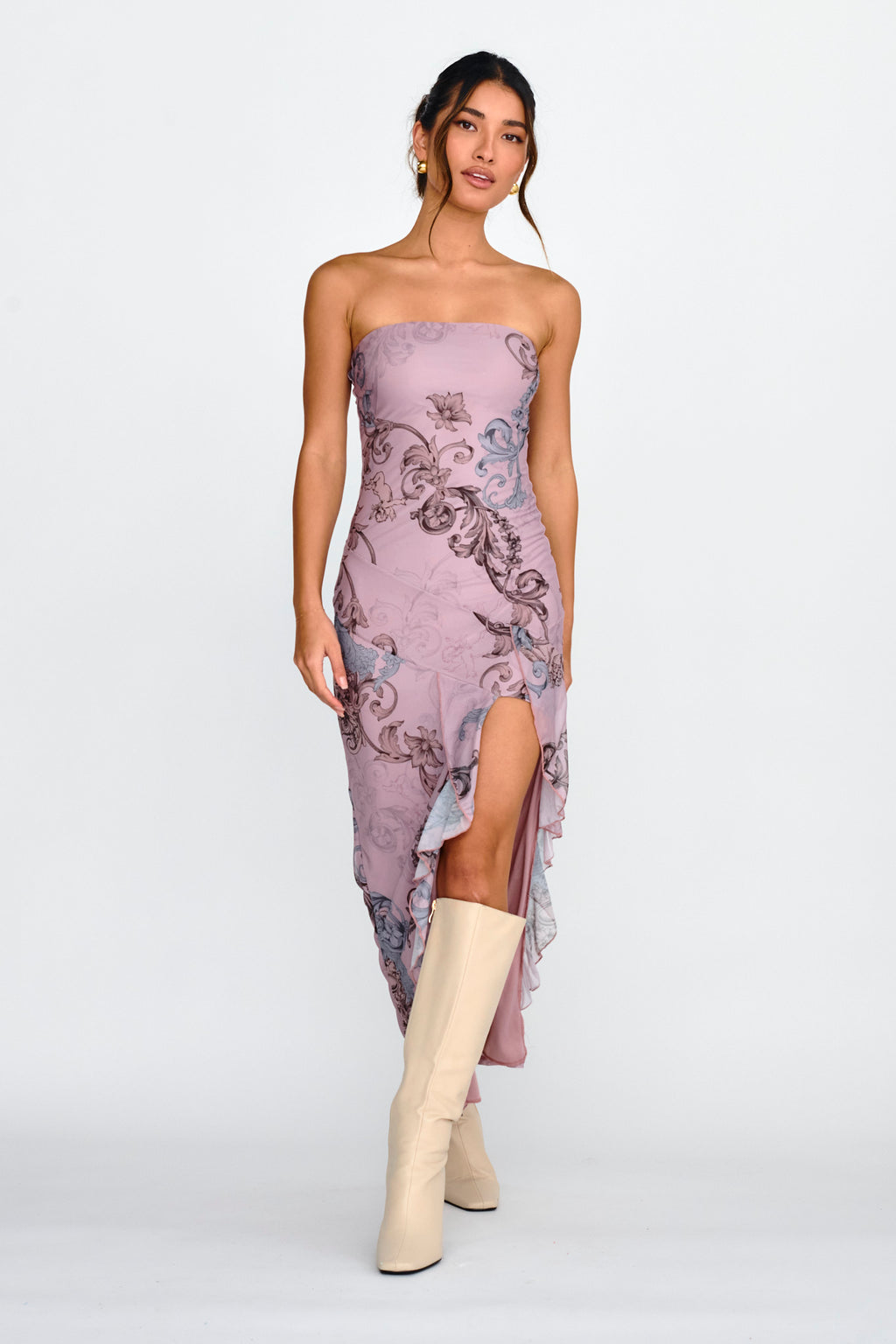 Shelby Strapless Ruffle Split Midi Dress Mauve by Selfie Leslie