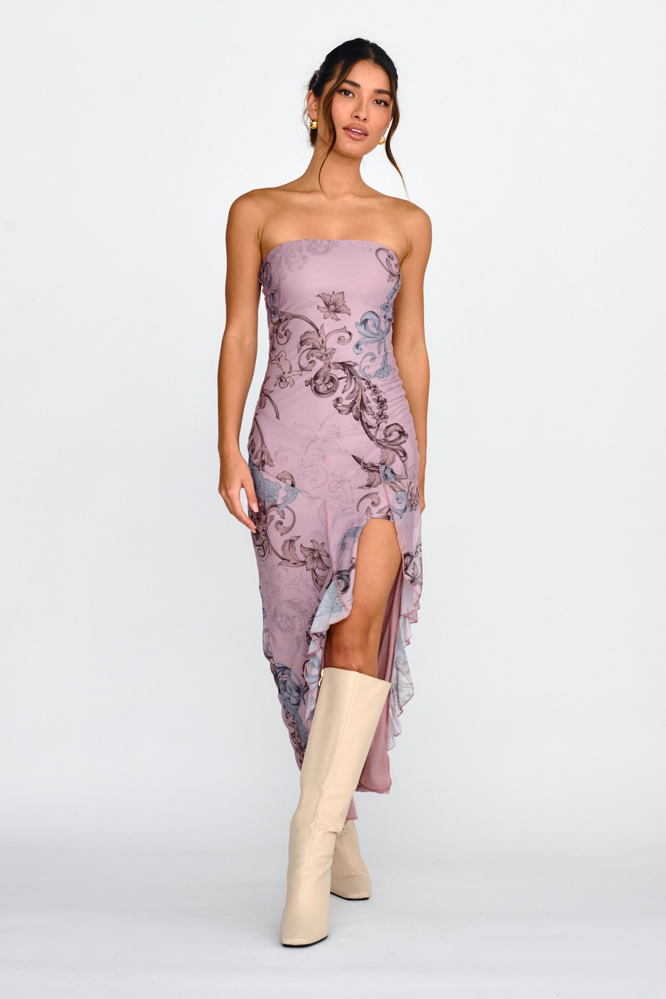 Shelby Strapless Ruffle Split Midi Dress Mauve by Selfie Leslie