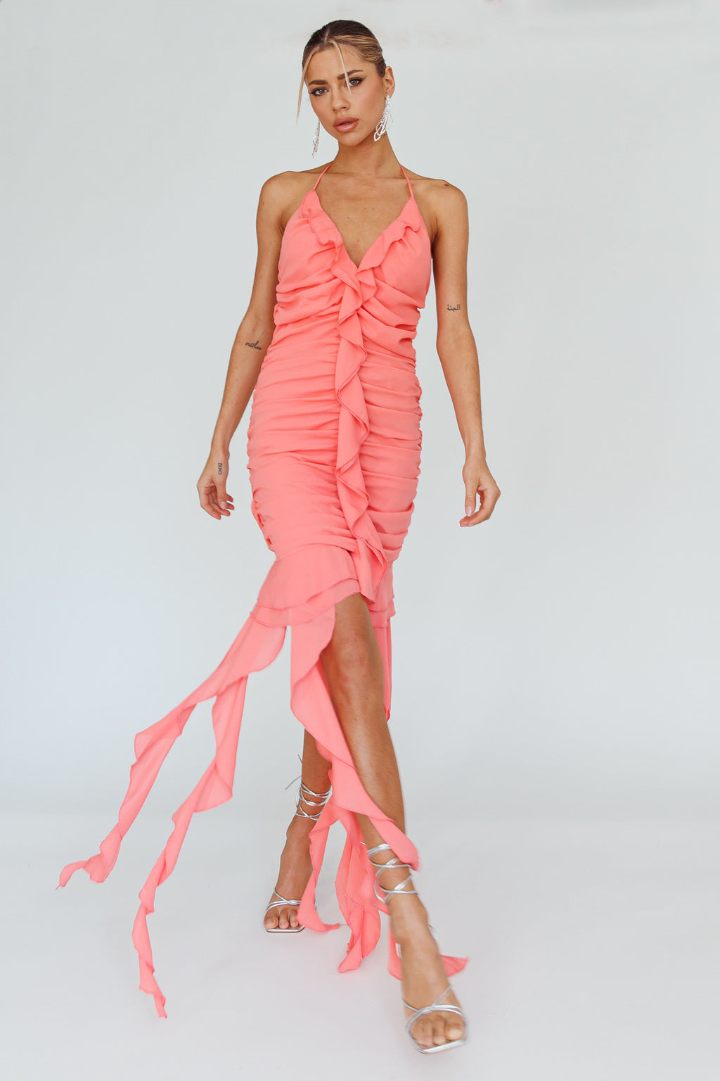 Get Obsessed Ruffle Trim Mini Dress Guava by Selfie Leslie