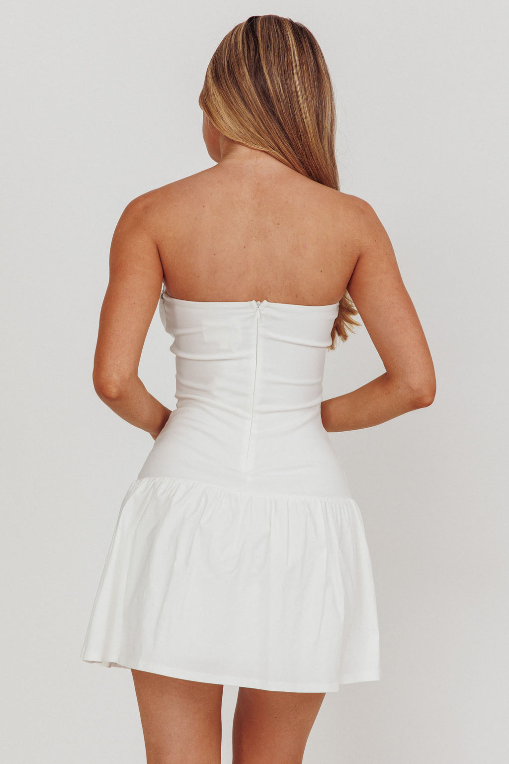 Cosmic Eyes Bow Strapless Mini Dress Off White by Selfie Leslie