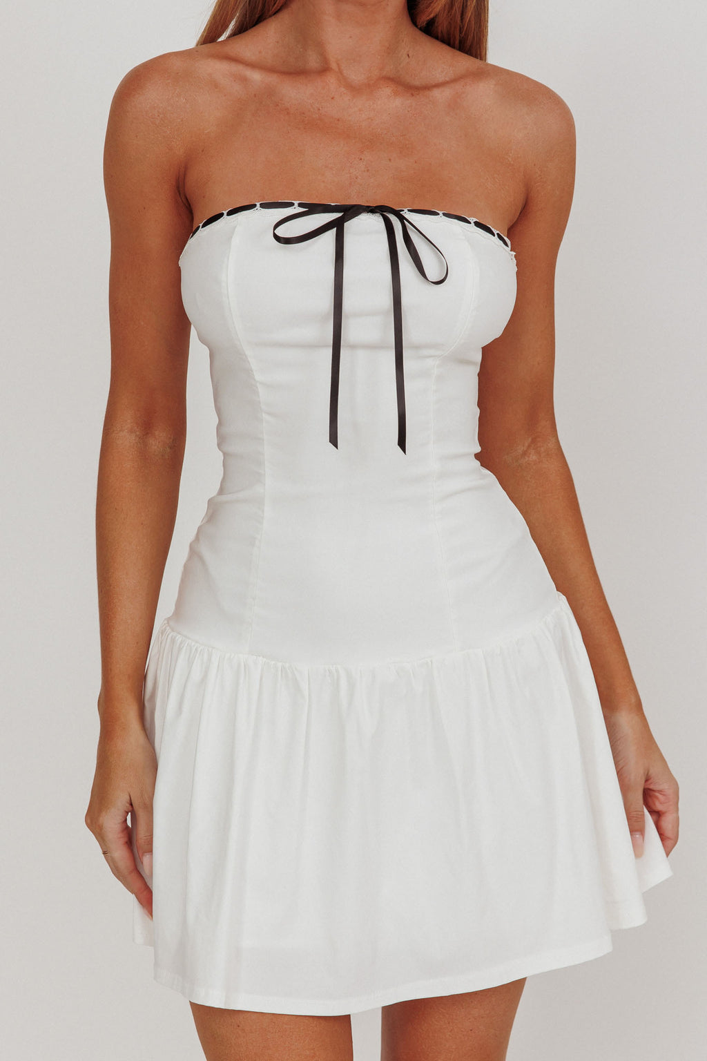 Cosmic Eyes Bow Strapless Mini Dress Off White by Selfie Leslie