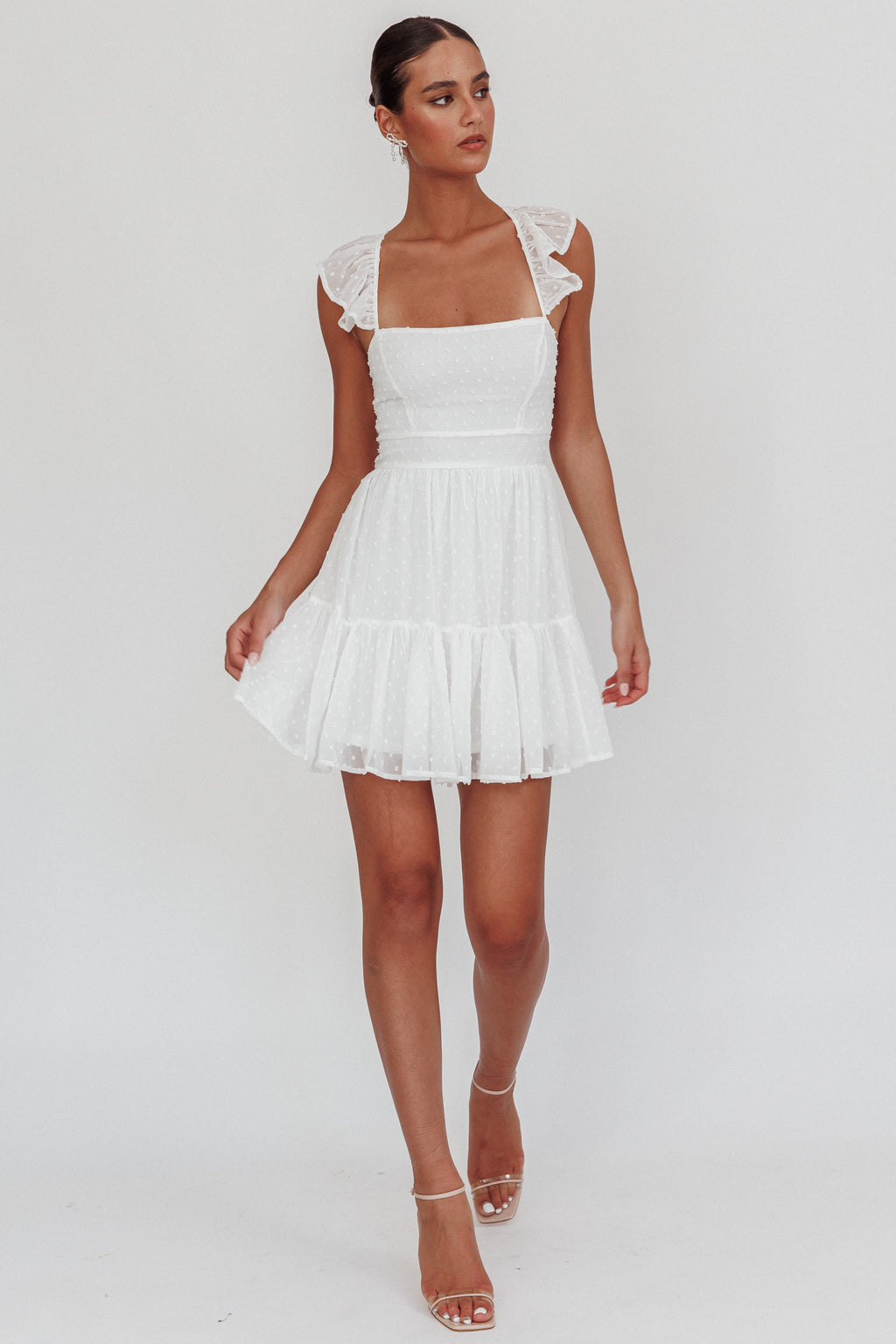Franki Strappy Back Mini Dress Hail Spot White by Selfie Leslie