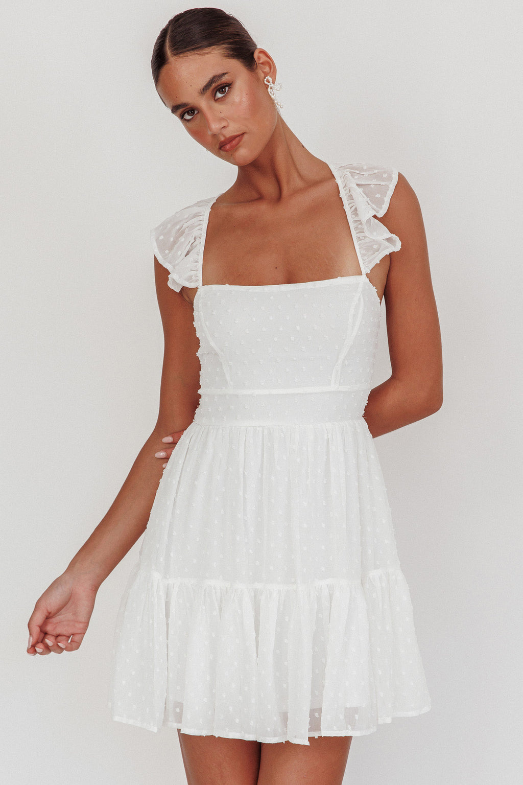 Franki Strappy Back Mini Dress Hail Spot White by Selfie Leslie