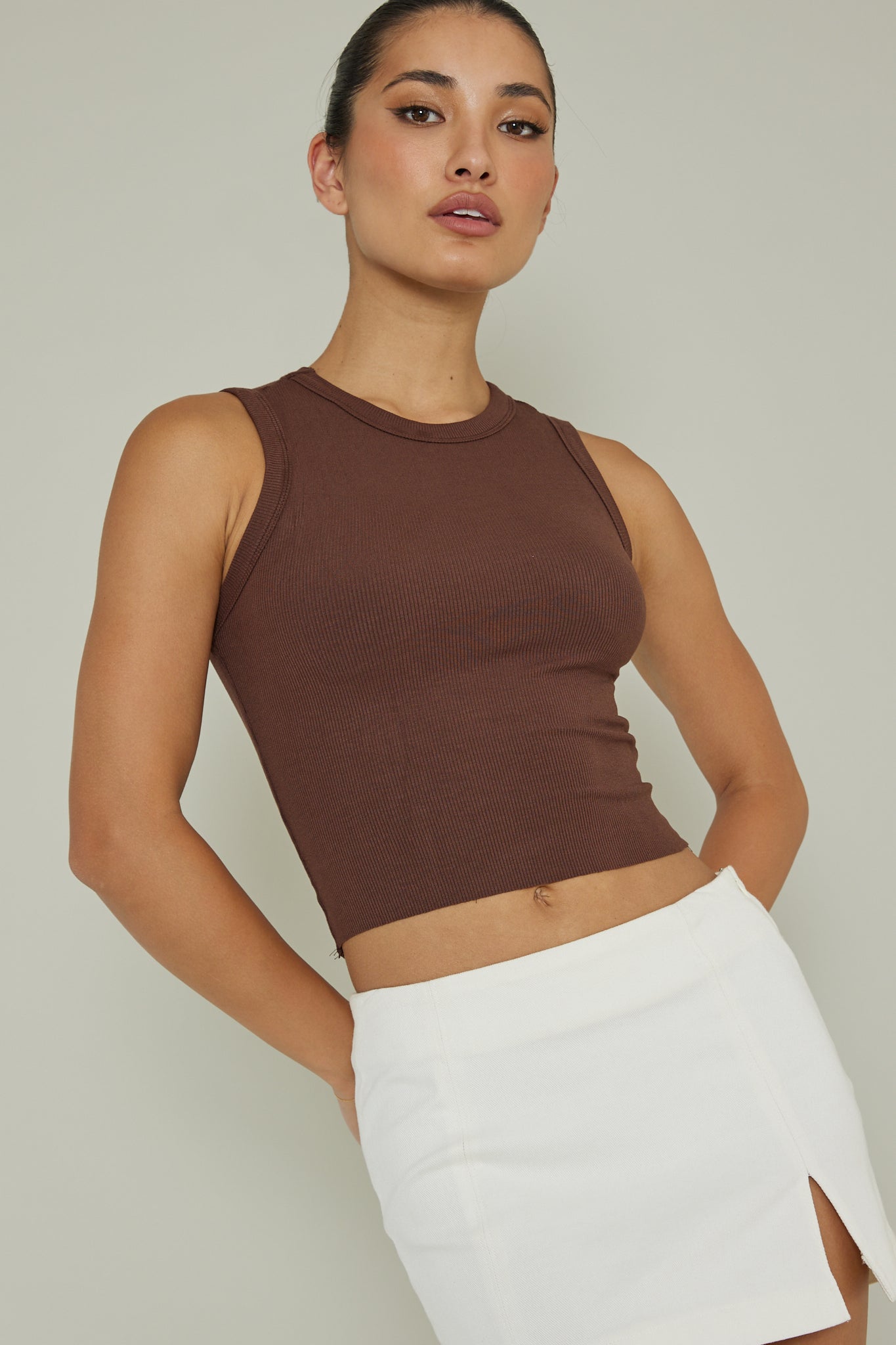 Mayra Crew Neck Crop Top Brown by Selfie Leslie