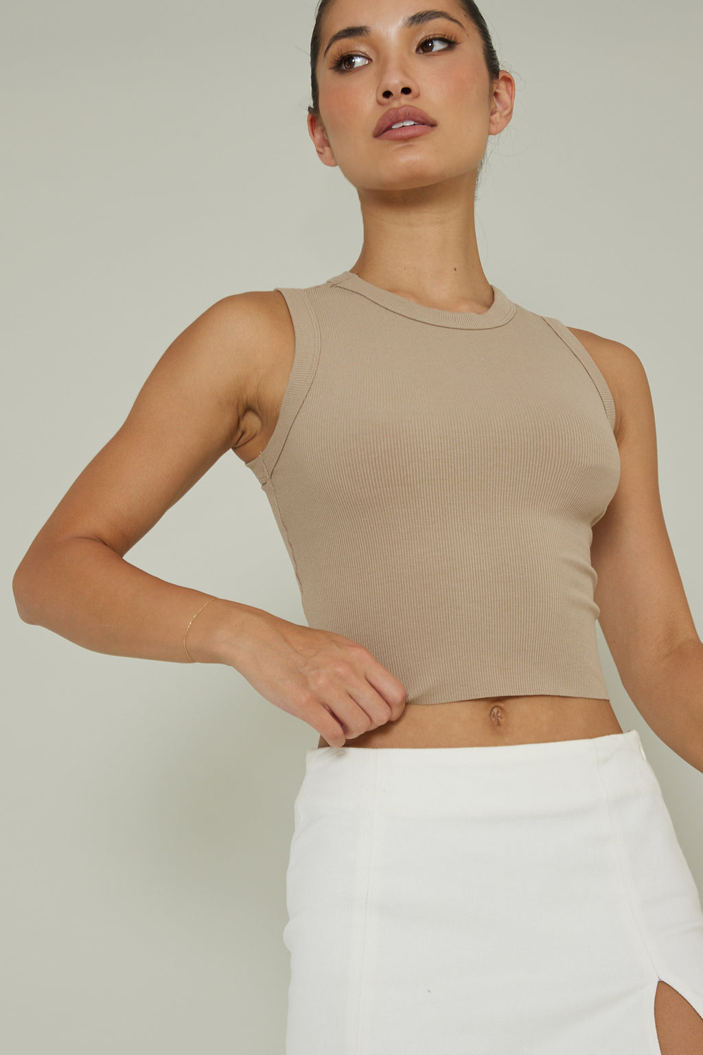 Mayra Crew Neck Crop Top Tan by Selfie Leslie