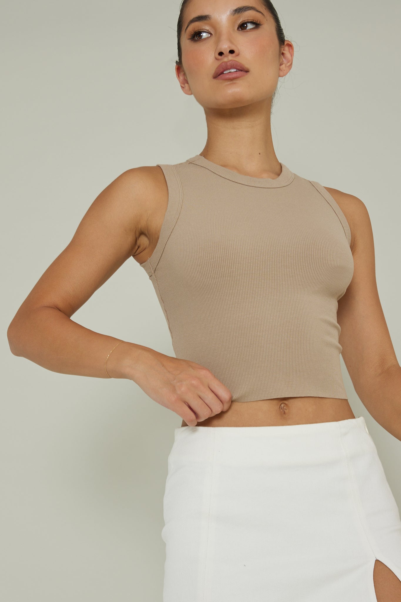 Mayra Crew Neck Crop Top Tan by Selfie Leslie
