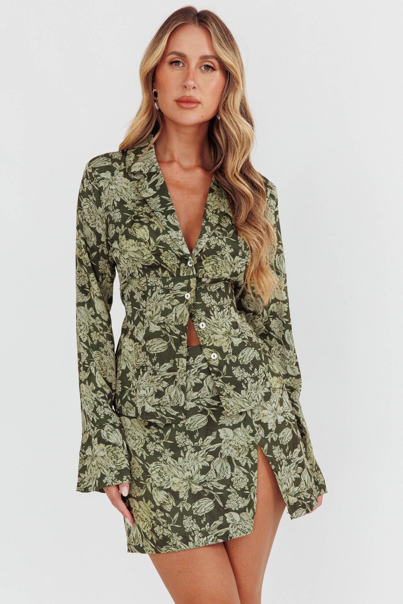 Palmas Split Mini Skirt Floral Olive by Selfie Leslie