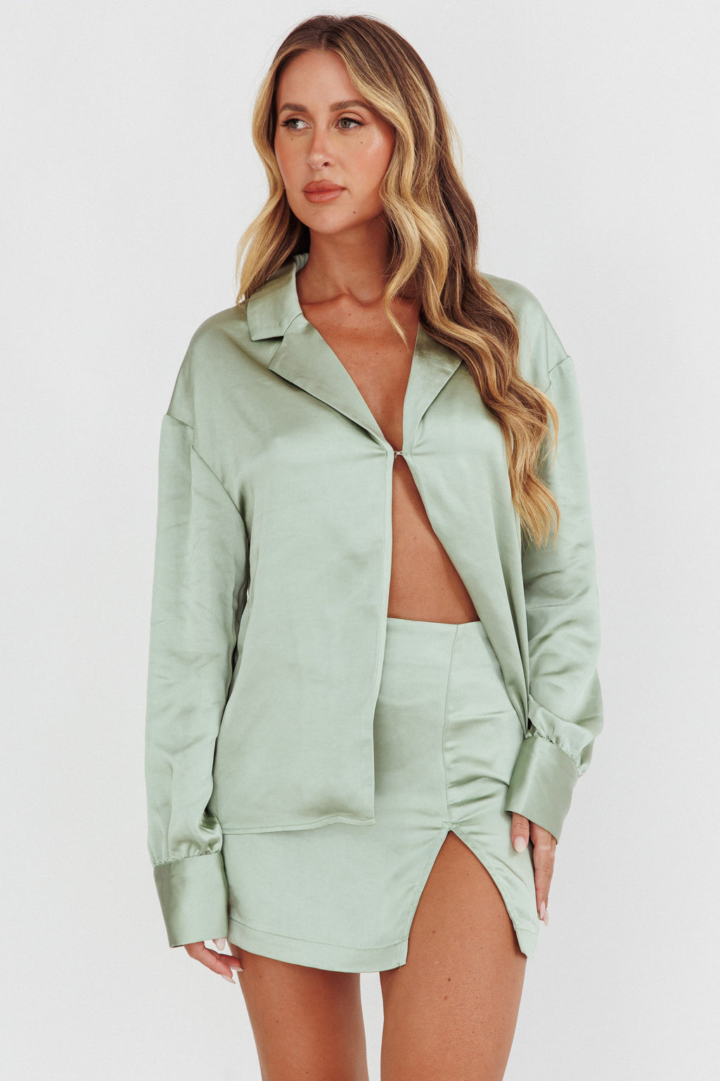 Coco Satin Mini Skirt Sage by Selfie Leslie