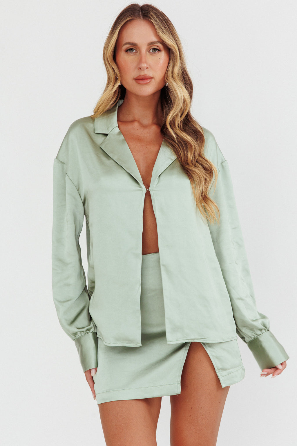 Coco Long Sleeve Satin Shirt Sage by Selfie Leslie