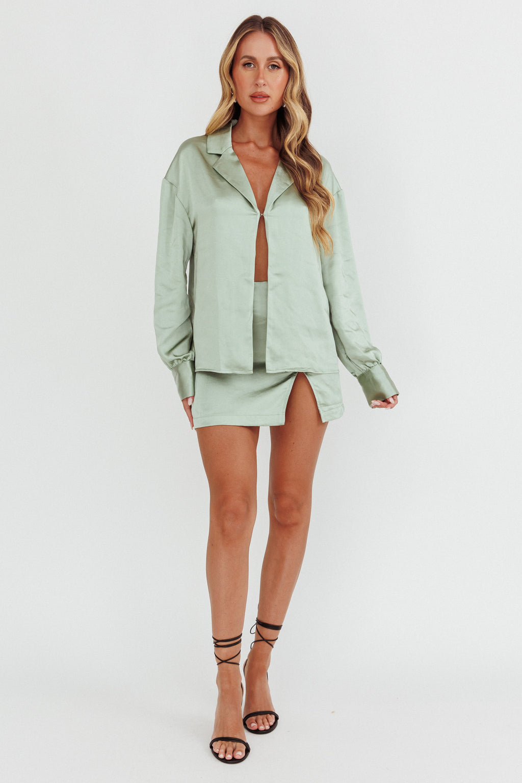 Coco Long Sleeve Satin Shirt Sage by Selfie Leslie