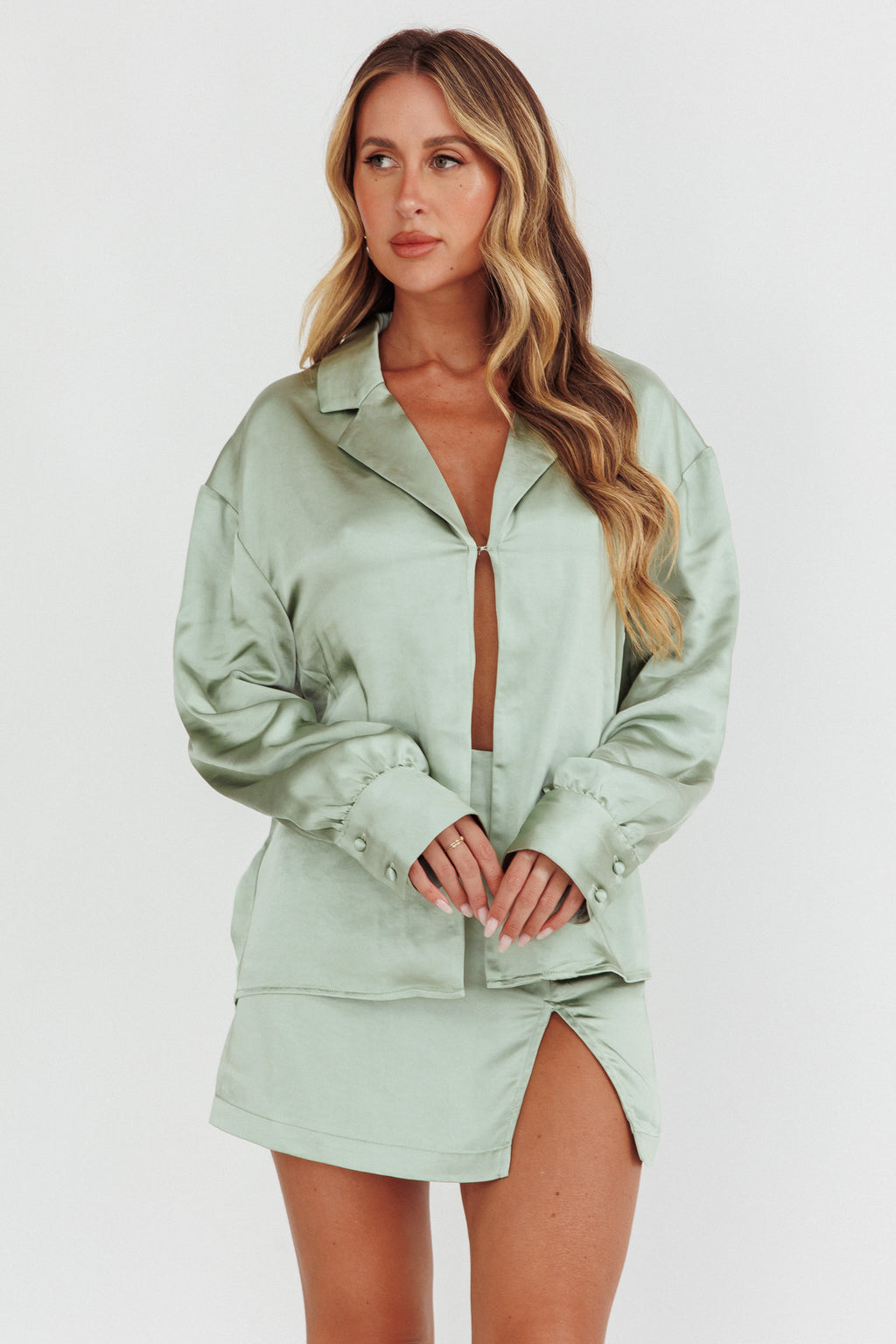 Coco Long Sleeve Satin Shirt Sage by Selfie Leslie